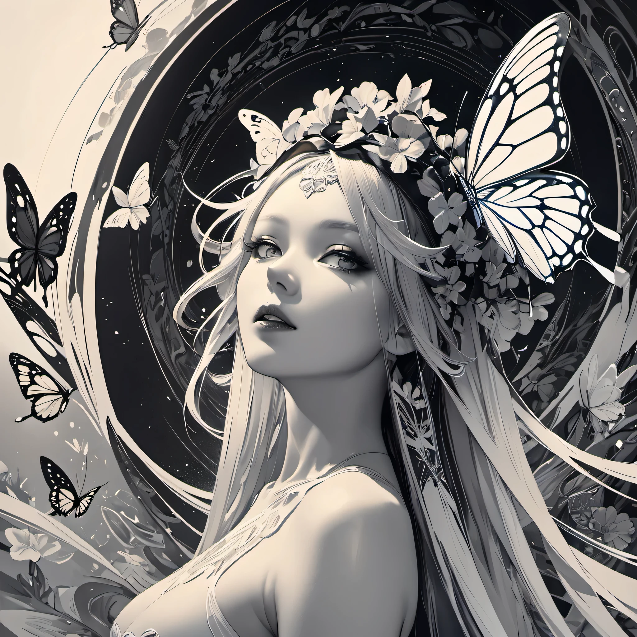 butterflies dance、Beautiful woman in black、spiritual、Tao、spirit、Conceptual art, Contemporary art, by Alfons Mucha, multiple monochrome, UHD, retina, anatomically correct, textured skin, masterpiece, super detail, award winning, 8k