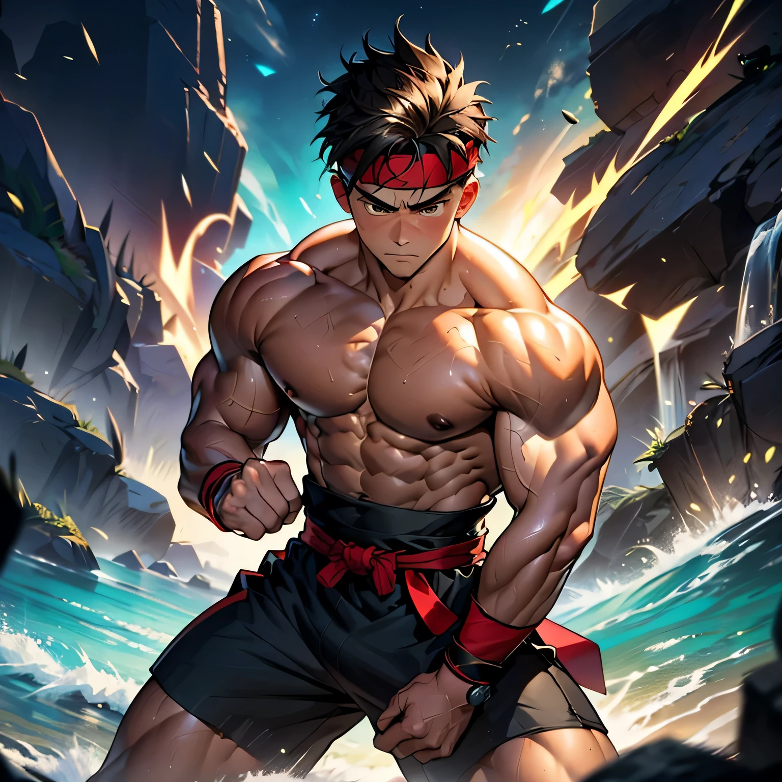 (Masterpiece, Best quality 19 year old boy, simple background, cowboy shot), solo, Young, boy, muscler, Shirtless, topless, (Dark Short straight hair, under cut, brown eyes), (red headband, ((black wristband, weist sash))), Vivid colors, (hot Abs:1.2, abs!, big abs, big breast:1.2, chest!, muscler upper arms, clenched fist), (topless male), closed mouth, serious, muscler!, muscler body, Man with martial arts stance, (aura power:1.4), detailed face, detailed muscle, (((A magical turquoise mystical aura, random fighting pose, powerful, action, rippling muscles, fighting with great fury against enemy, concentrate)))