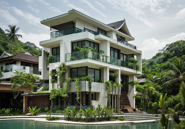 beautiful architectural photo of a modern house built in a lush tropical setting in thailand