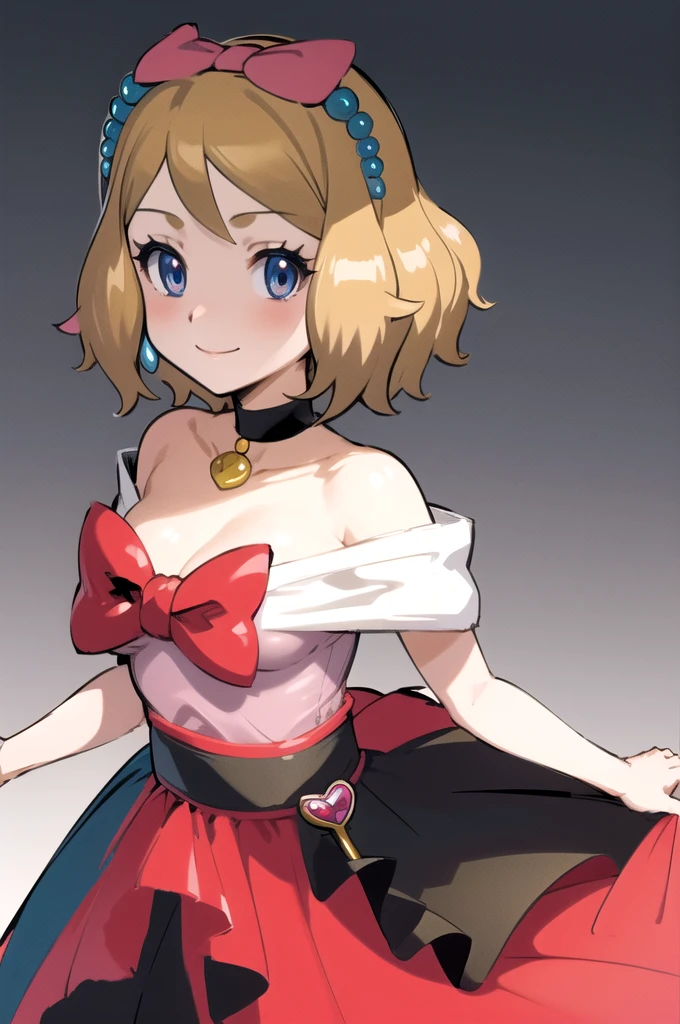 masterpiece, best quality, 1girl,serena \(pokemon\), short hair, blonde hair, blue eyes, eyelashes, black choker, hair bow, dress, collarbone, large breasts, upper body, smile, looking at viewer, solo, simple background 