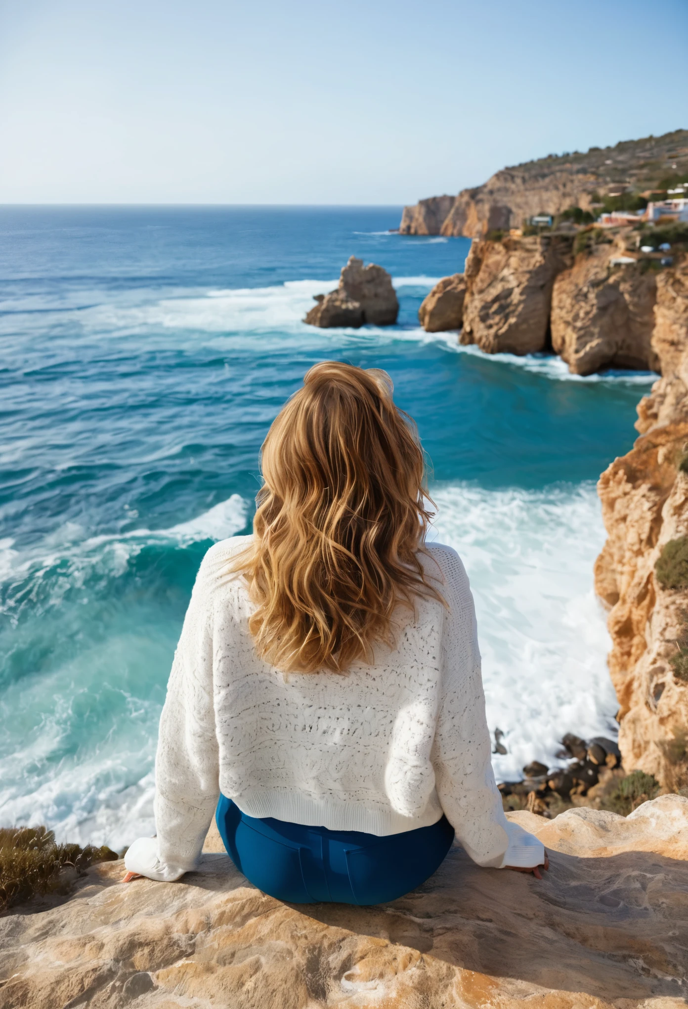 Eine Frau mit mittellangen hellbraunen Haaren sitzt in Spanien, Roses with her back to the camera on a cliff and looks at the waves in the sea. Sie hat einen Hilfiger Pullover an und eine enge kurze Hose. Sie hat eine normale Statur und blaue Augen.