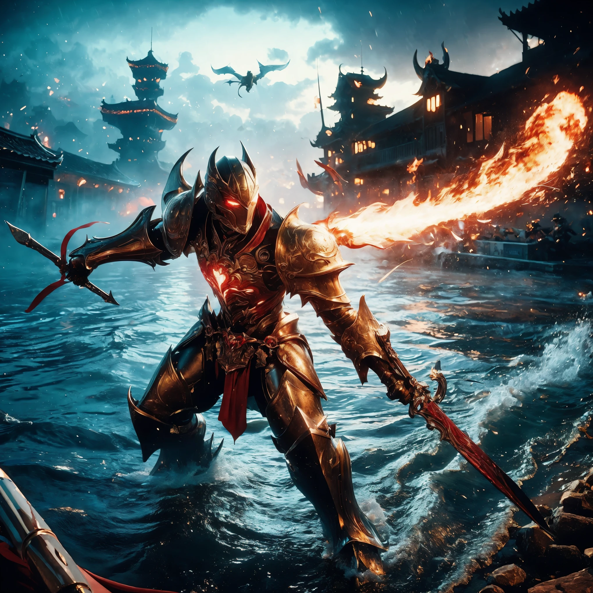 (((Catastrophic tsunami, 300 meter tidal wave))), (((Realistic, masterpiece, best quality, crisp detail, high definition, high detail, very rich detail, sharp focus, sharp detail, colorful, rich color, perfect studio lightning))), ((20 years old, beautiful goddes of destructions, red hair)),(((in the middle of war, epic war scene, offensive stance))), wearing (((beautiful decorated golden heavy armor, fire dragon armor, decorated full body armor, fully armored beautiful kimono, wide fire wings))), (holding giant fire), (((blood everywhere, death everywhere, japan bakumatsu period, dead bodies, sharks, sea serpents, carcass, drowned japanese castle, fire dragons, kaiju,meteor shower, aurora)) flooded molten lava traditional village background), heavy rain,