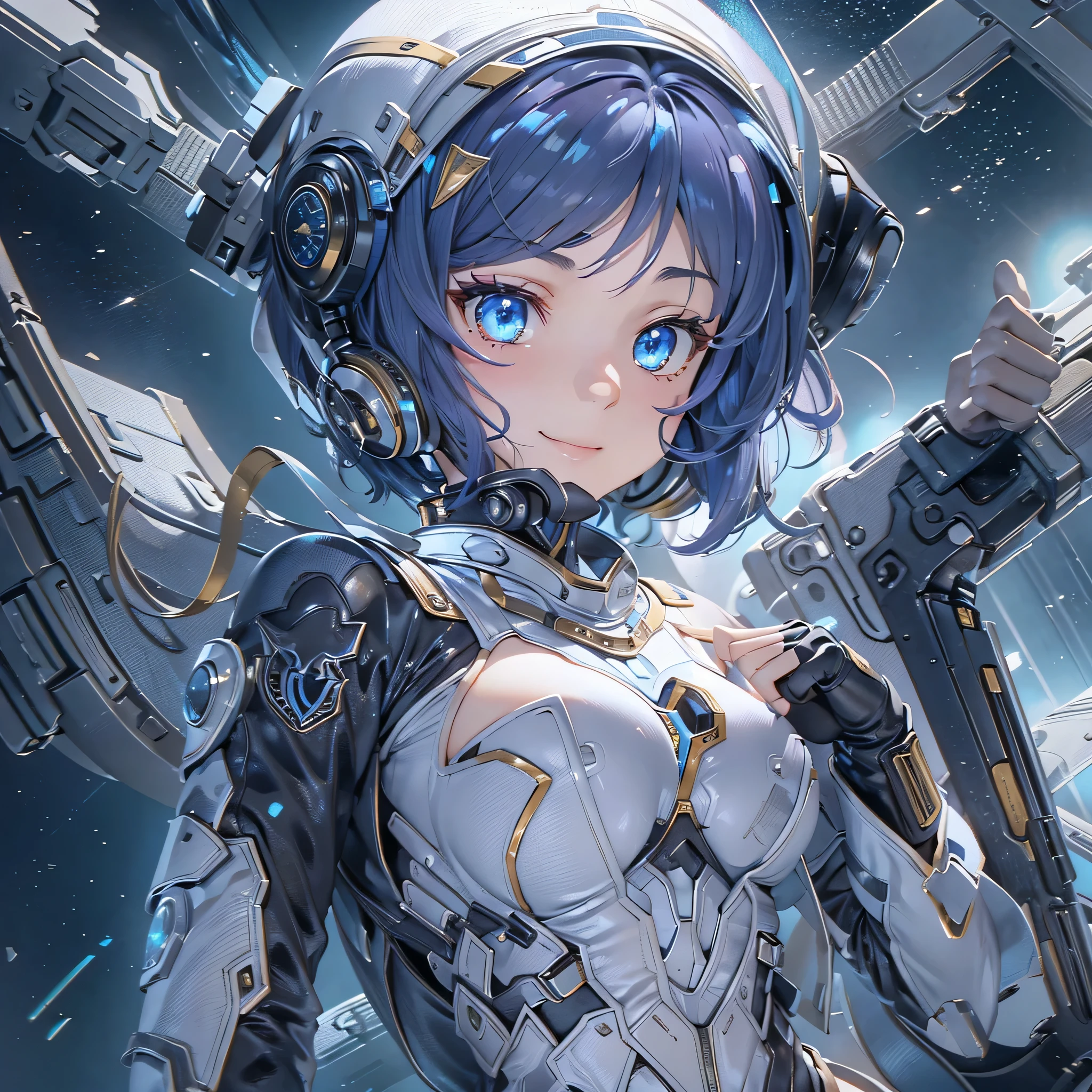 (masterpiece、highest quality、highest resolution、clear_image、detailed details、Angle from above): (full body figure、One 20 year old girl、Japanese faces、small face、Slender、Navy blue super short bob cut hair、(hidden small breasts:1.3)、sparkling blue eyes、Shiny pilot suit in blue and black colors、armor that protects the chest、tight fitting clothes、clothes that cover the whole body、shiny clothes、tight fit pants、hide the skin、very delicate and beautiful、detailed skin、hide thighs、hide your butt、cute type、gentle smile、soft expression、heroine、headset、Knee-high boots、gloves up to the elbow、eye level shot、facing directly、woman on a spaceship)