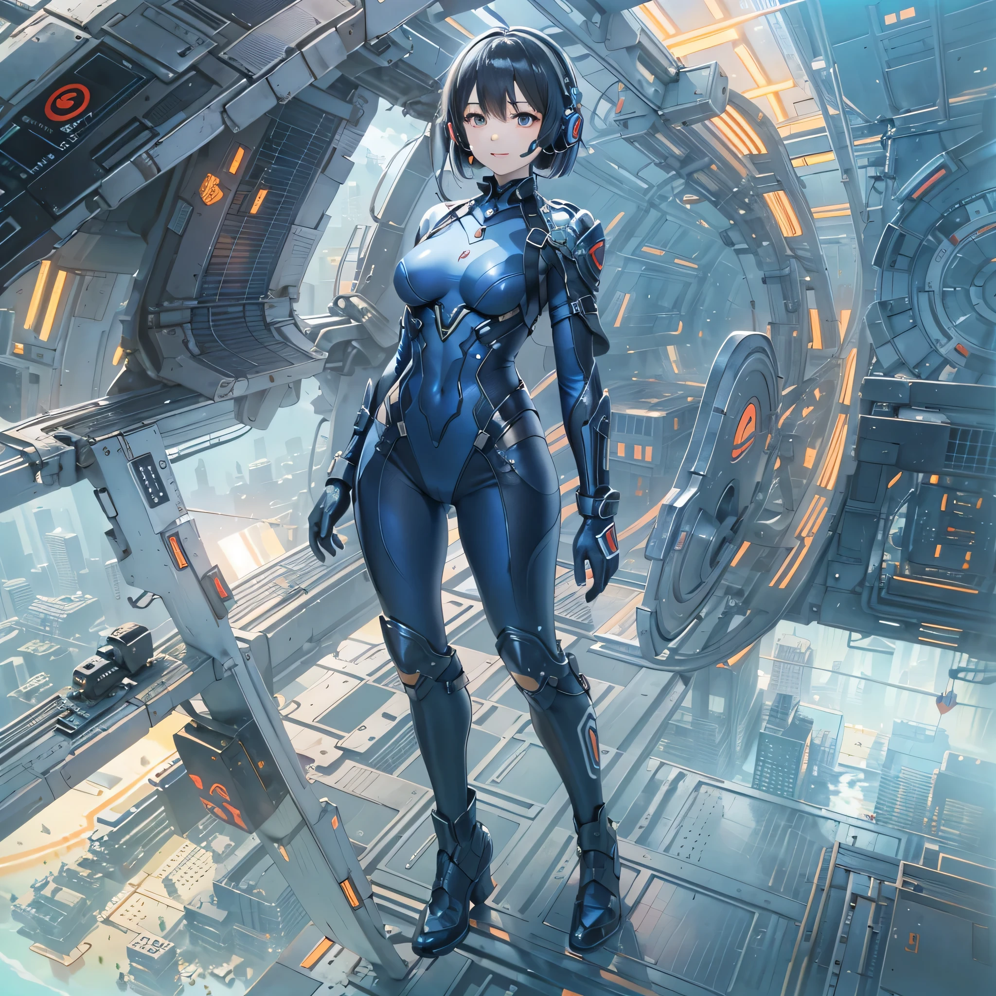(masterpiece、highest quality、highest resolution、clear_image、detailed details、Angle from above): (full body figure、One 20 year old girl、Japanese faces、small face、Slender、Navy blue super short bob cut hair、(hidden small breasts:1.3)、sparkling blue eyes、Shiny pilot suit in blue and black colors、armor that protects the chest、tight fitting clothes、clothes that cover the whole body、shiny clothes、tight fit pants、hide the skin、very delicate and beautiful、detailed skin、hide thighs、hide your butt、cute type、gentle smile、soft expression、heroine、headset、Knee-high boots、gloves up to the elbow、eye level shot、facing directly、woman on a spaceship)