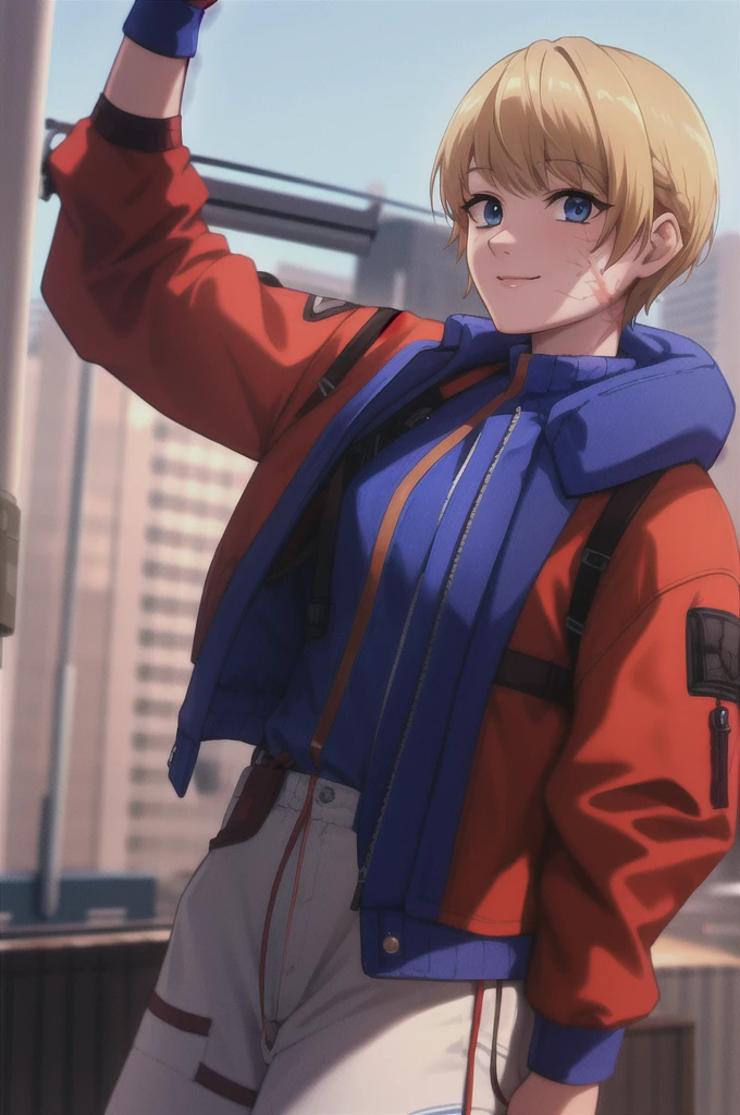 wattson (apex legends), masterpiece, best quality, 1girl, solo, scar, scar on face, scar on cheek, bangs, blonde hair, blue eyes, burn scar, smile, cowboy shot,