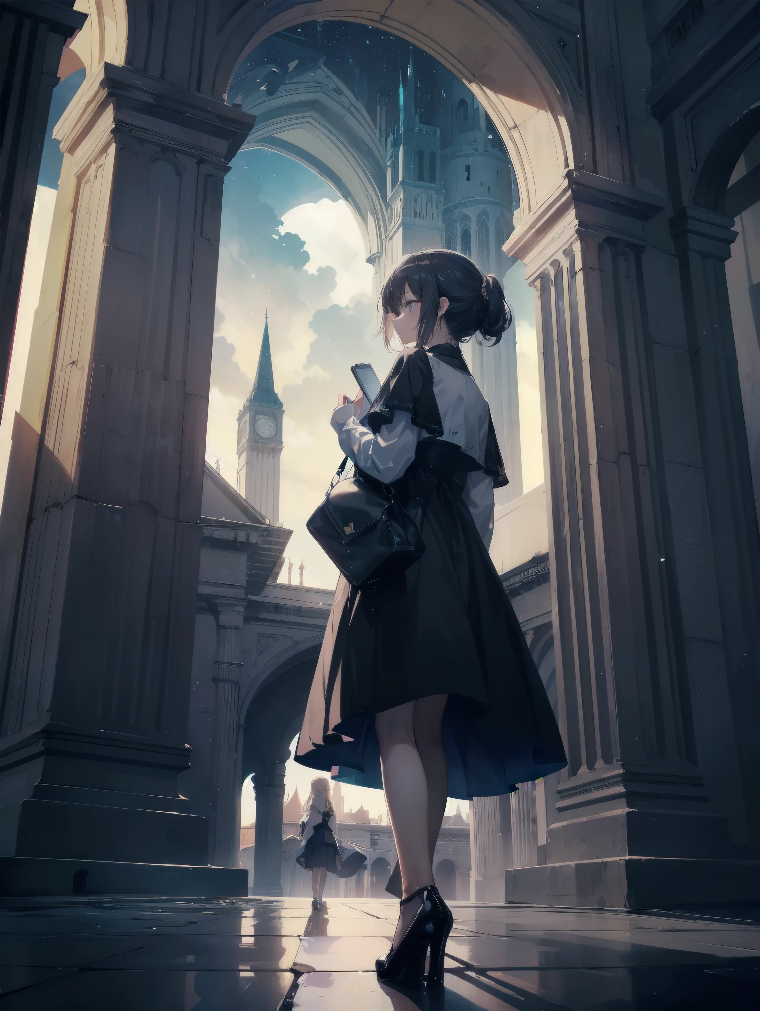Girl looking up Scene 1: Twilight tower shadow The girl stands quietly against the sky, which is dyed an azure colour. Towering up in front of her is a huge structure called the Tower of Babel. Its form, which seems to pierce through the clouds, seems as if it is about to reach the heavens. The girl's gaze is directed towards the top of the tower. The tower, shrouded in evening darkness, creates a fantastic atmosphere. The surface of the tower is engraved with intricate patterns. It looks like ancient writing. The girl seems to sense something deep within the tower. Is it the memory of a masterpiece story or a longing for an unknown fantasy world? Scene 2: Memory of the starry sky The girl stands at the top of the tower amidst countless twinkling stars in the night sky. At her feet, the lights of the city shine like jewels. The girl closes her eyes and takes a deep breath. The scent of the night breeze is mixed with the old smell of the tower. The girl's mind replayed a famous story. It was a story of adventure and friendship that the girl read as a . The hero of the story, like the girl, climbed the Tower of Babel. There, she meets her friends and overcomes various difficulties. The girl dreamed that one day she, like the hero, would go on an adventure. Scene 3: The promise of the morning glow The girl left the tower just as the light of the morning sun was illuminating it. Looking back, the tower shone in the morning sun and even looked divine. The girl decides that one day she will climb this tower again. And when she does, she vows to spin out the rest of the masterpiece's story. Step by step, the girl walked into the future.