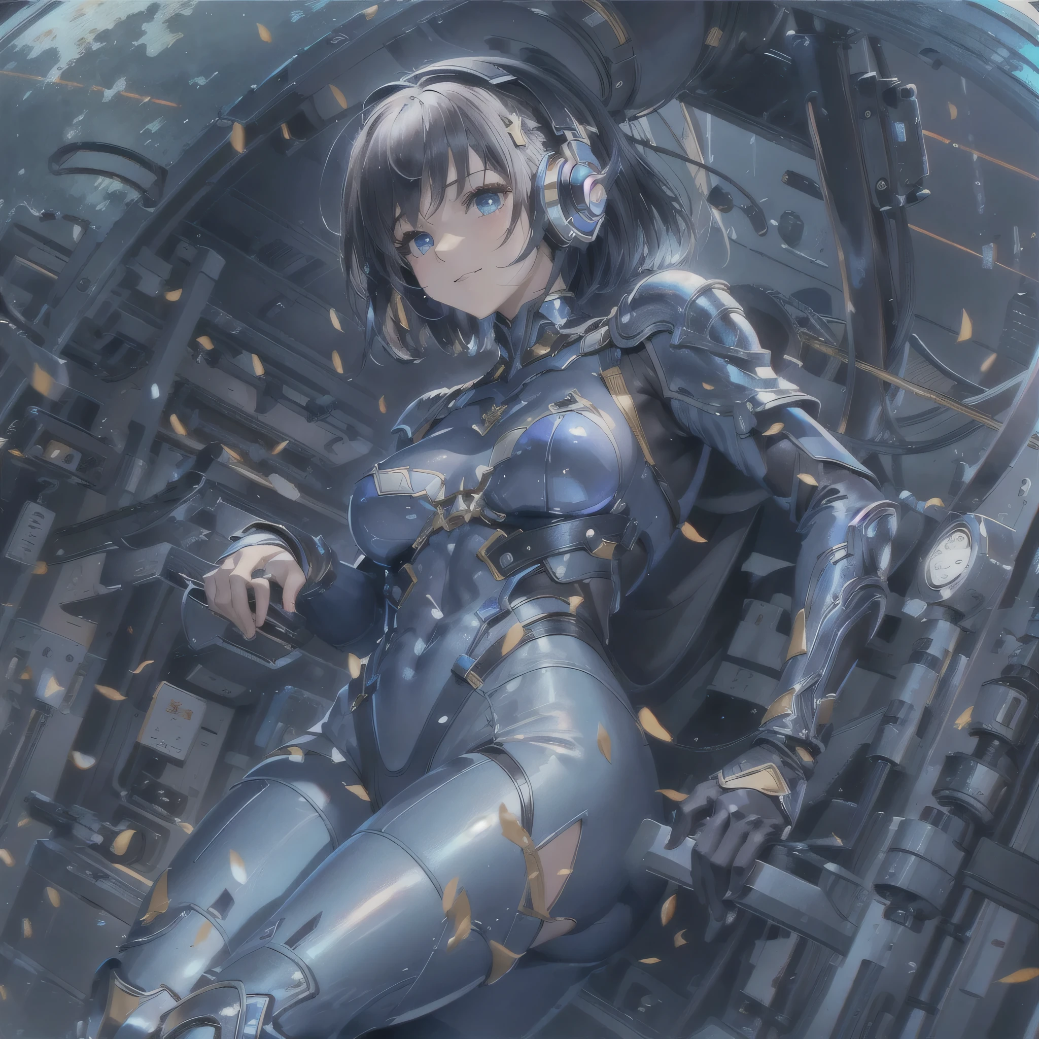 (masterpiece、highest quality、highest resolution、clear_image、detailed details、Angle from above): (full body figure、One 20 year old girl、Japanese faces、small face、Slender、Navy blue super short bob cut hair、(hidden small breasts:1.3)、sparkling blue eyes、Shiny pilot suit in blue and black colors、armor that protects the chest、tight fitting clothes、clothes that cover the whole body、shiny clothes、tight fit pants、hide the skin、very delicate and beautiful、detailed skin、hide thighs、hide your butt、cute type、gentle smile、soft expression、heroine、headset、Knee-high boots、gloves up to the elbow、eye level shot、facing directly、woman on a spaceship)