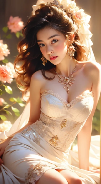 (Photorealistic), (Ultra High Realistic), (Ultra High Definition), (Ultra High Detailed), (Increase the contrast:1.9), (Increase the Saturation:1.9), (1Girl), Beautiful face, Cute face, Face Slimming, Japanese young girl, semi long curly hair, (light Brown hair), ((Slimmer)), ((Waist Slimming)), ((Small Buttocks1.5)), ((Slimmer Legs:1.5)), (small Breasts:1.3), (Cleavage:0.8), (perfectly shaped ), (small and Beautiful ), ((Wedding dress)), (((Model pose In the palace of Elizabeth))), movie lighting,