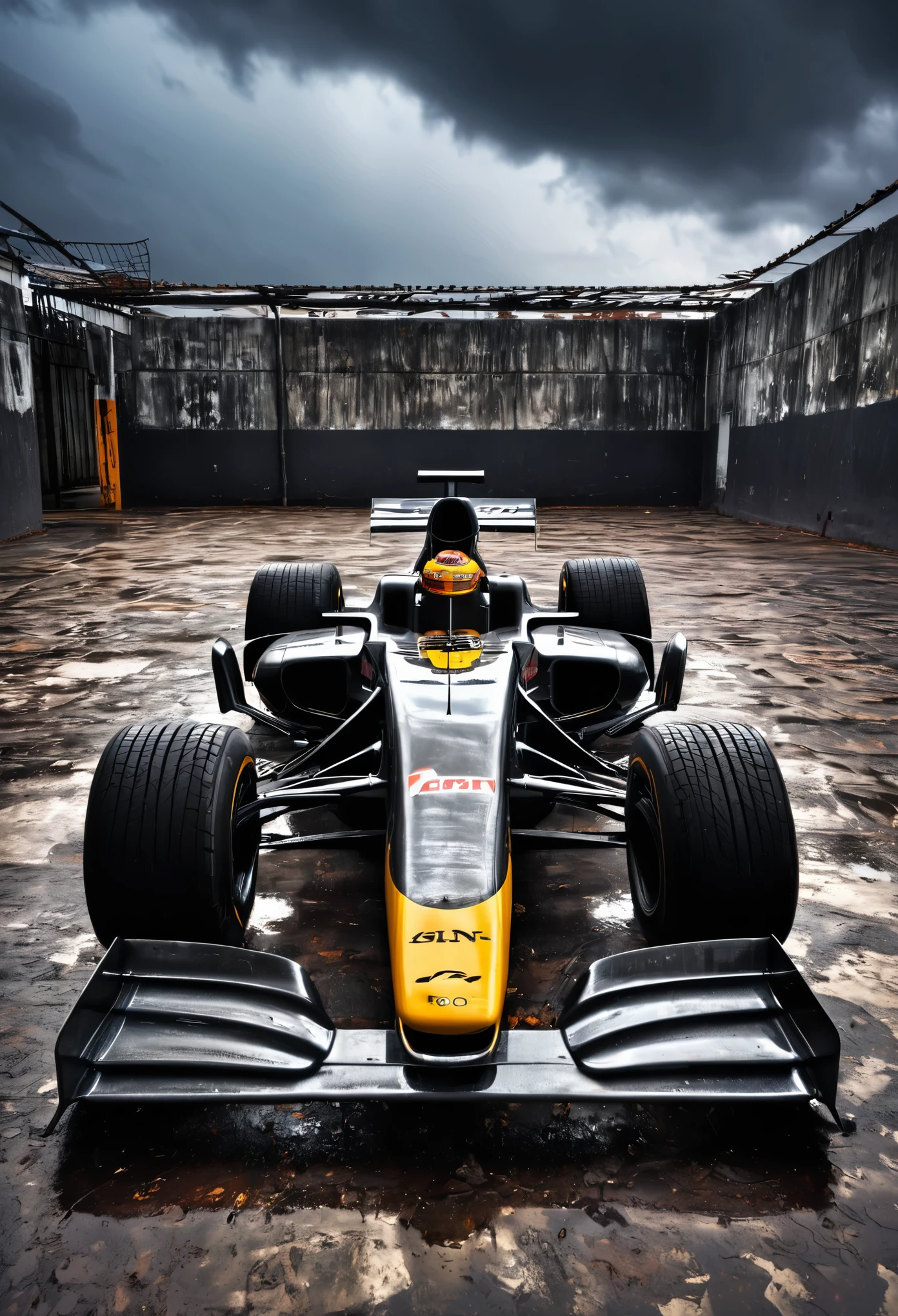 An empty Formula 1 racing car made entirely from ral mold, estacionado do lado de fora em uma pista abandonada coberta de lixo, rusty buildings, metal enferrujado, a dark, brooding sky above giving a strange, scattered light, elegant dramatic lighting, Dynamic, cinematic, alto contraste, HDR, photographed with a Sony A7R IV for sharp images, acabamento detalhado,