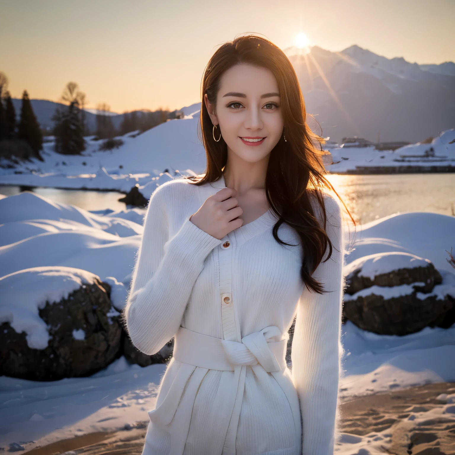 ((top quality、8k、Masterpiece:1.3))、Extremely delicate and beautiful girl,full-body shot,huge breasts,bigger breasts,amazing breast size,G cup,Half of the breasts are exposed。Wear big earrings,Very white skin,moist red lips,Waist is very thin,Thighs are very thin,big butt,fair and smooth skin,Smooth and fair skin,flawless skin,Fair and shiny skin,cold white skin,The camera focuses on the chest,Bright light,white sweater,Lower body exposed,white hair,White hair,heavy snow,snow mountain,sunset,lake,sweet smile,mouth slightly open