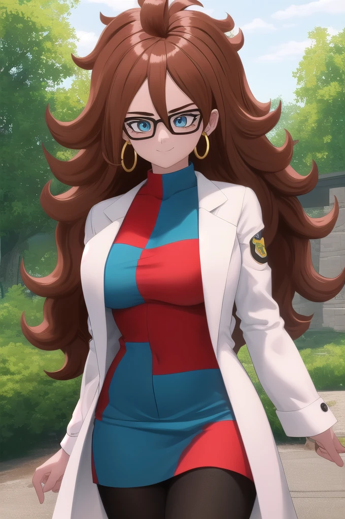 android21, 1girl, solo, blue eyes, brown hair, long hair, curly hair, hair between eyes, jewelry, hoop earrings, glasses,
checkered dress, two-tone dress, multicolored dress, tight dress, turtleneck, black pantyhose, labcoat, long sleeves,
smile,closed mouth,cowboy shot,
forest,outdoor,
(insanely detailed, beautiful detailed face, masterpiece, best quality) cinematic lighting,