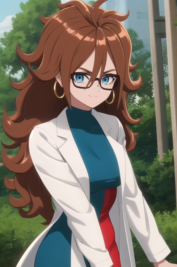 android21, 1girl, solo, blue eyes, brown hair, long hair, curly hair, hair between eyes, jewelry, hoop earrings, glasses,
checkered dress, two-tone dress, multicolored dress, tight dress, turtleneck, black pantyhose, labcoat, long sleeves,
smile,closed mouth,cowboy shot,
forest,outdoor,
(insanely detailed, beautiful detailed face, masterpiece, best quality) cinematic lighting,