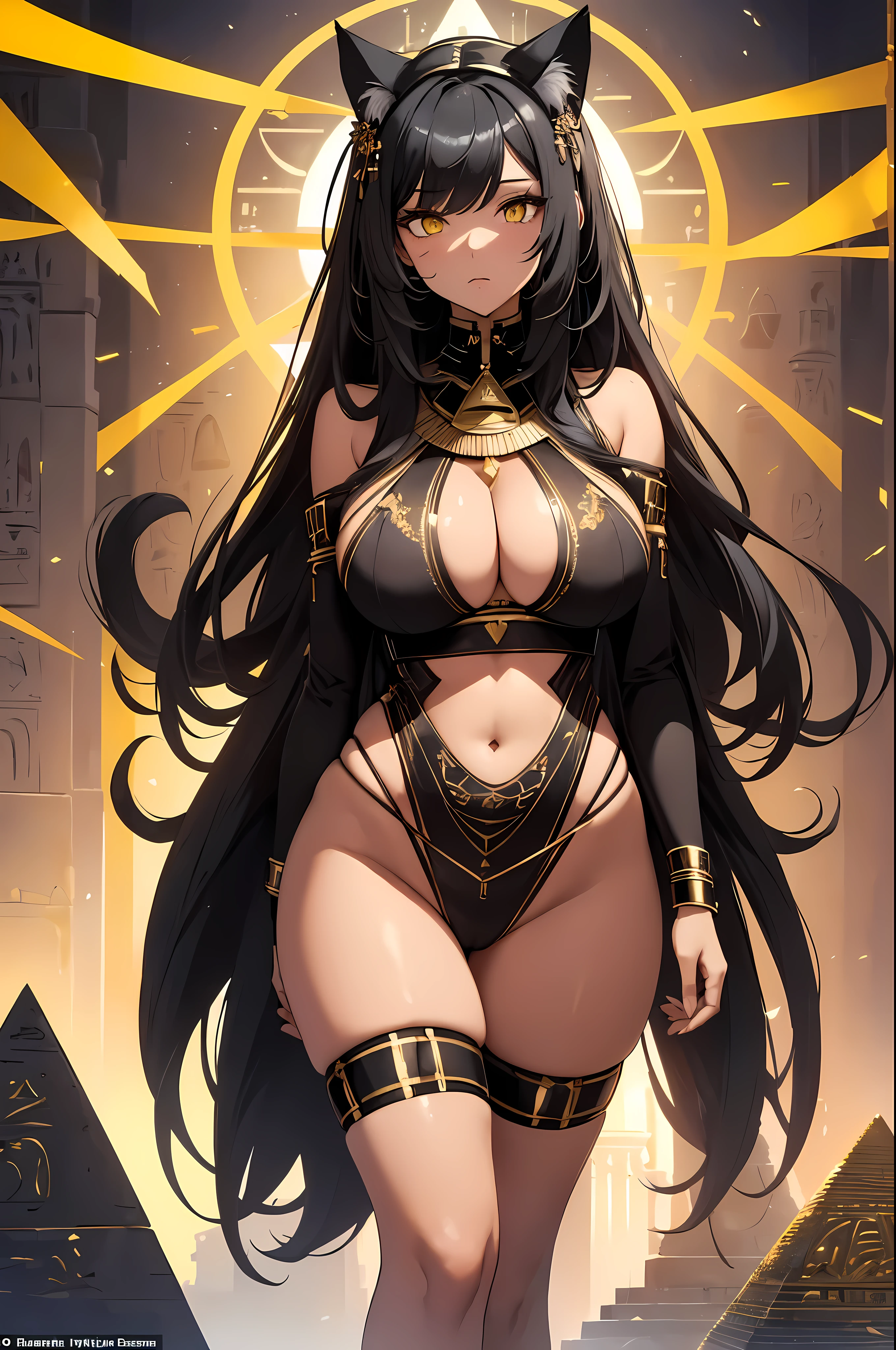 ((masterpiece:1.4, best quality)) ,Egyptian girl),(black hair),(Yellow eyes),(Cat ears),(Black skin:1.2),(black people),(Egyptian-inspired clothing),pyramid,solo , (milf ), (large breasts, wide hips:1.2 ), sexy , cowboy shot