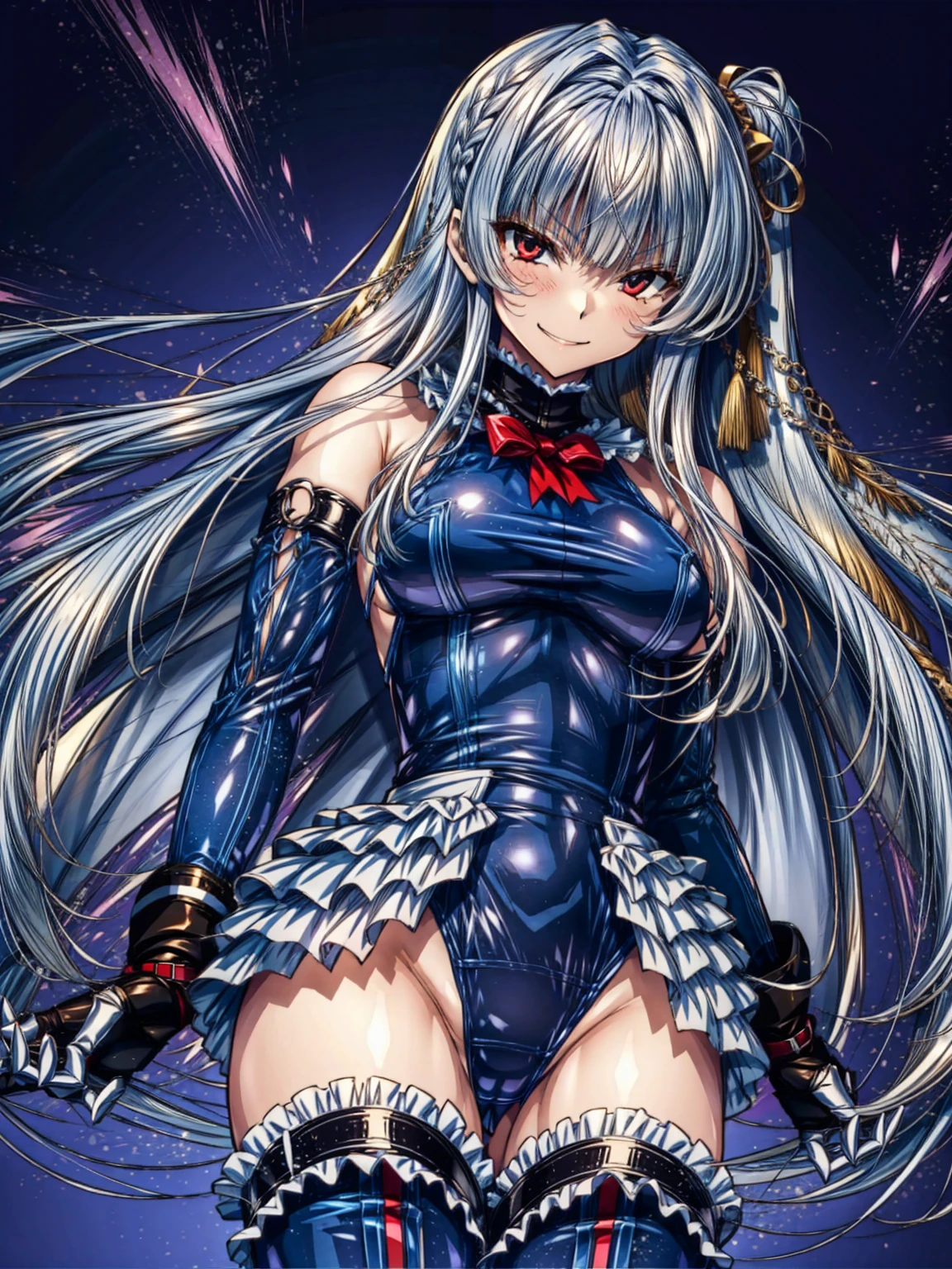perfect anatomy, highest quality, marirose,evil smile,provocative attitude
,(Girl restrained by machine:1.1),evil smile,anime style,(ruffle swimsuit, Thighhighs, removed sleeve), (anime style:1.4) ,
silver hair,(White fingers:1.1,black gloves),very long hair,evil aura,Rape Eye
