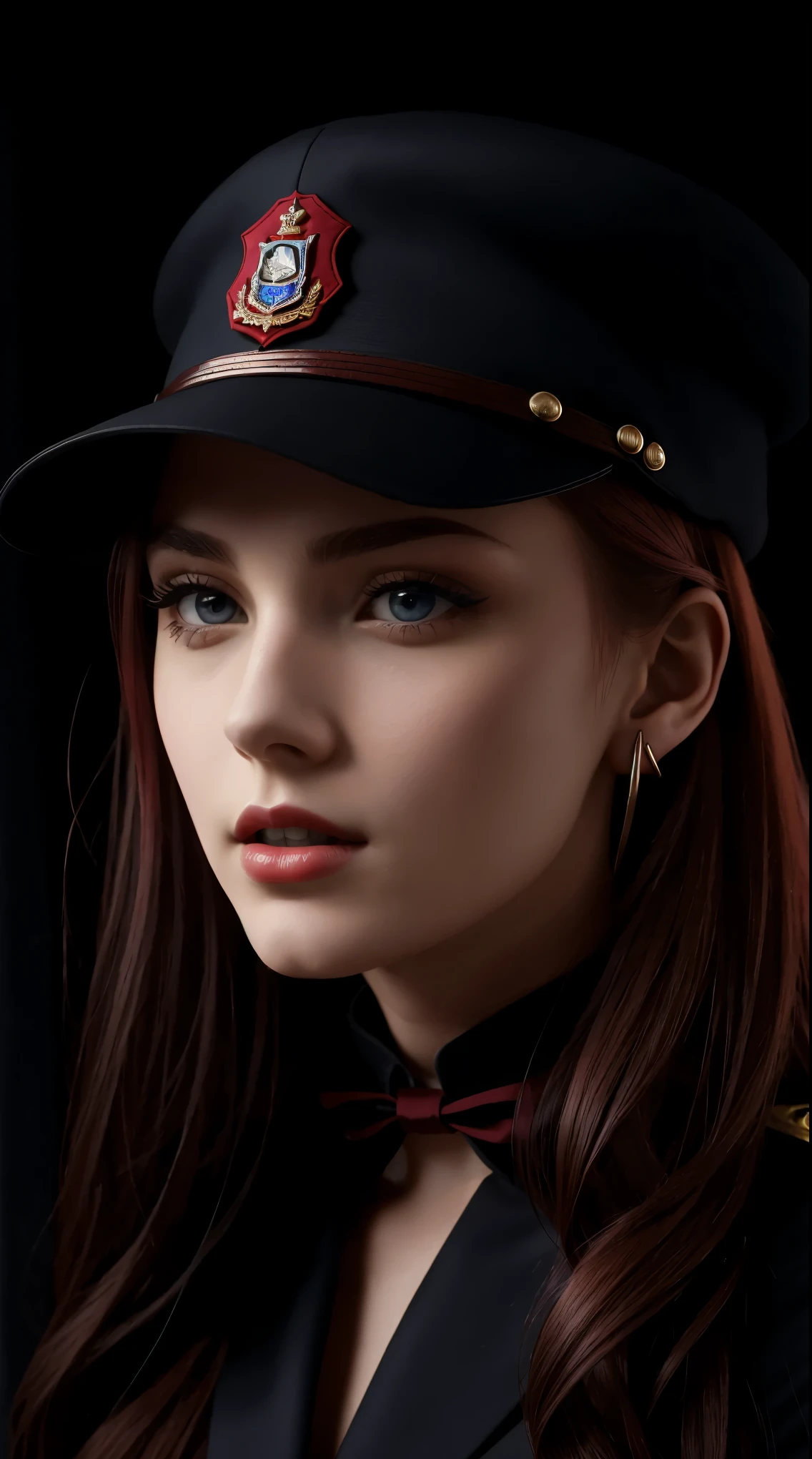 1 beautiful woman, 20 years old, long red hair (tied), pale white skin (very detailed), bright blue eyes (vampire eyes), perfect body, makeup, red lips, earrings, black and red military officer uniform, tie black, black and red military officer cap, detailed light, illustration, depth of field (best quality), (background blur: 0.6), beautiful and soft lighting, (front light: 1.5), (ultra resolution high, best quality), (8k), best quality, masterpiece), technological sense, best quality, masterpiece, illustration, official art, incredibly fine details, extremely delicate and beautiful, extremely detailed, highly detailed, sharp focus, background rich, (real person, photograph), ((very detailed skin)),