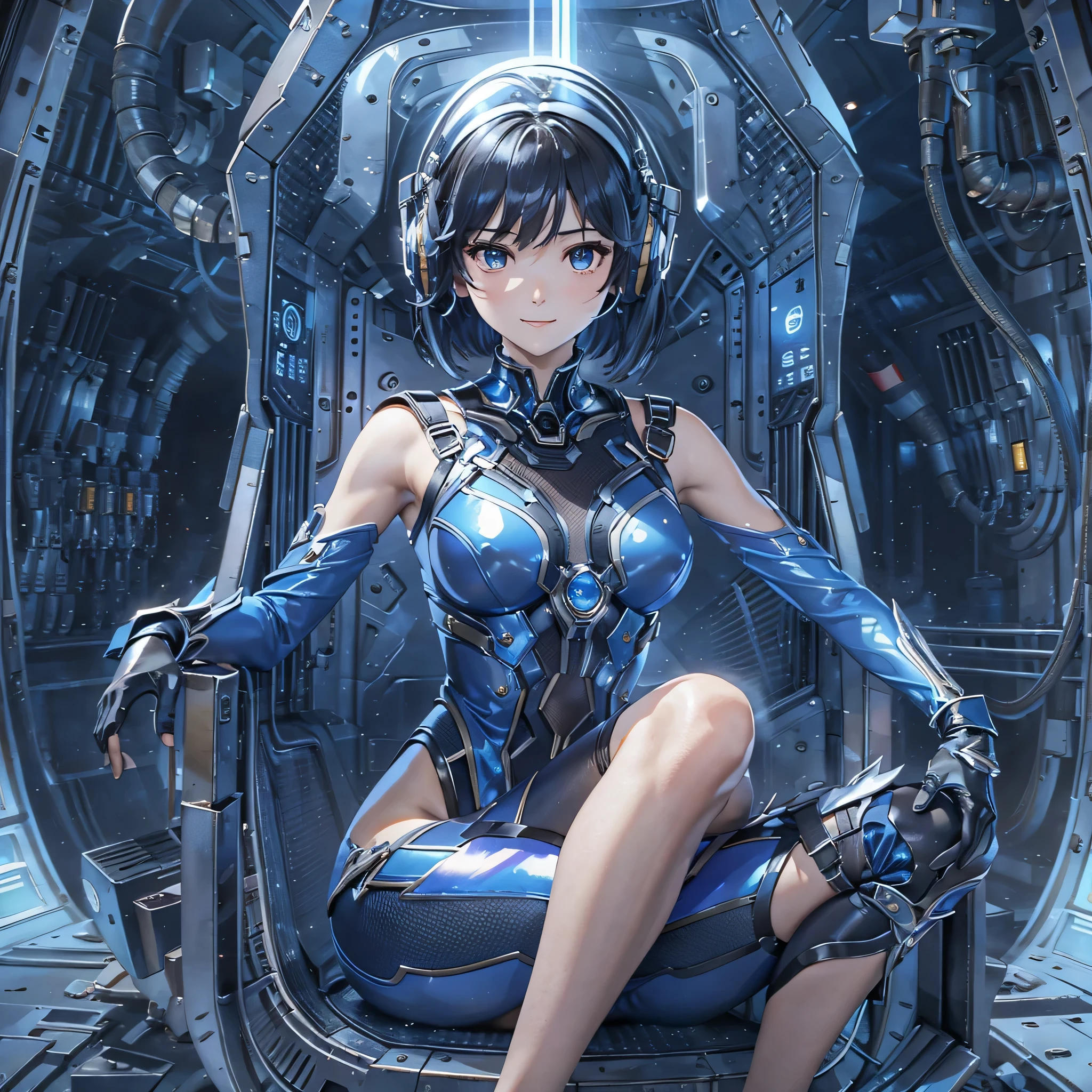 (masterpiece、highest quality、highest resolution、clear_image、detailed details、Angle from above): (full body figure、One 20 year old girl、Japanese faces、small face、Slender、Navy blue super short bob cut hair、(hidden small breasts:1.3)、sparkling blue eyes、Shiny pilot suit in blue and black colors、armor that protects the chest、tight fitting clothes、clothes that cover the whole body、shiny clothes、tight fit pants、hide the skin、very delicate and beautiful、detailed skin、hide thighs、hide your butt、cute type、gentle smile、soft expression、heroine、headset、Knee-high boots、gloves up to the elbow、eye level shot、facing directly、woman on a spaceship)