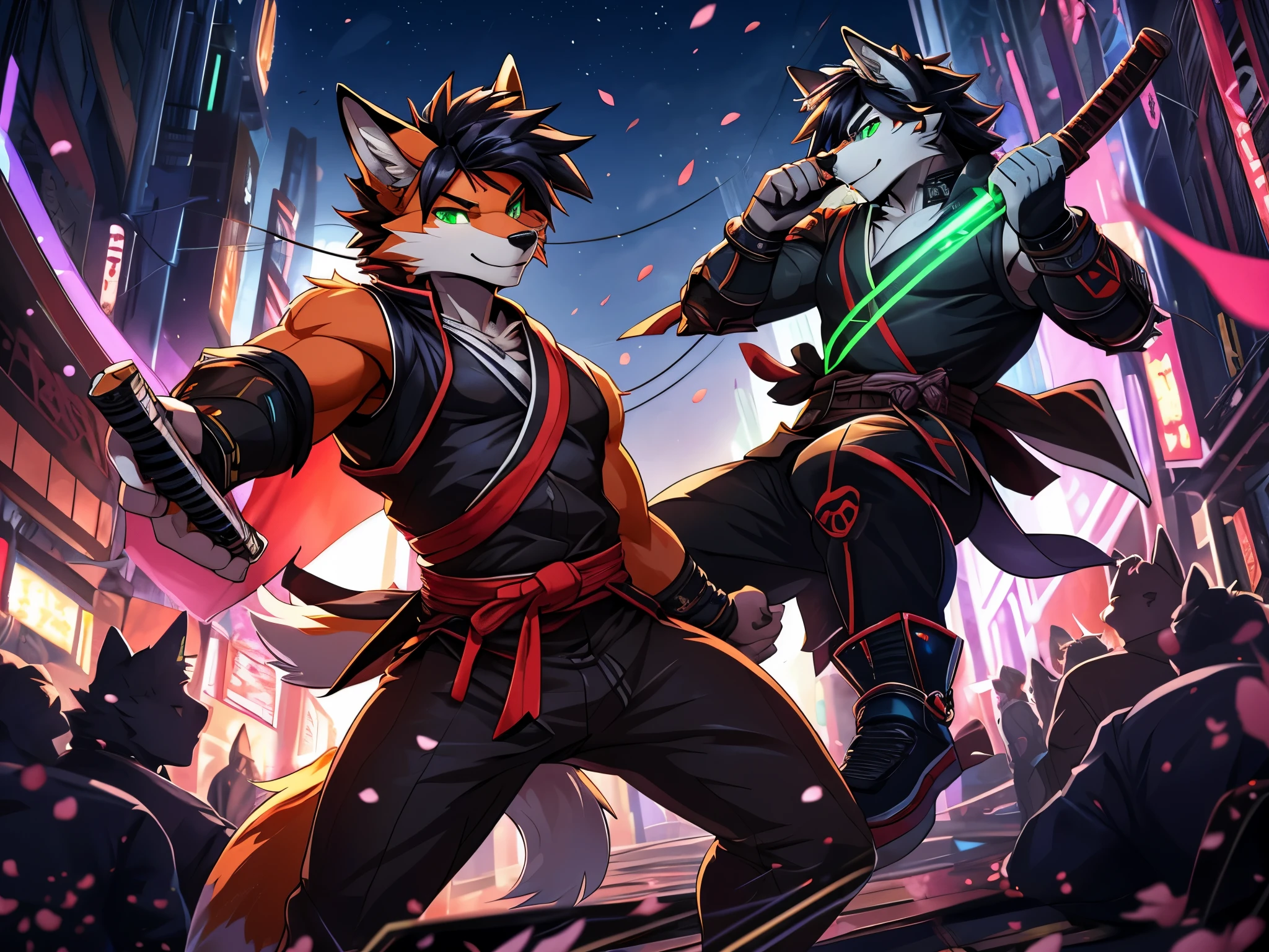 (best quality,4k,8k,highres,masterpiece:1.2),ultra-detailed,sexy furry fox boy with well toned abs,fox snout, fox ears,fox tail,fiery-orange fur,cyberpunk samurai,purple highlights in hair,black hair,punk hairstyle,action pose with katana,sharp focus,professional,vivid colors,studio lighting,dark atmosphere,lit by moonlight,glowing green eyes,expressive,sexy samurai armor,dynamic movement,mysterious background scenery,sinuous motion,intense fight scene with flying cherry blossoms