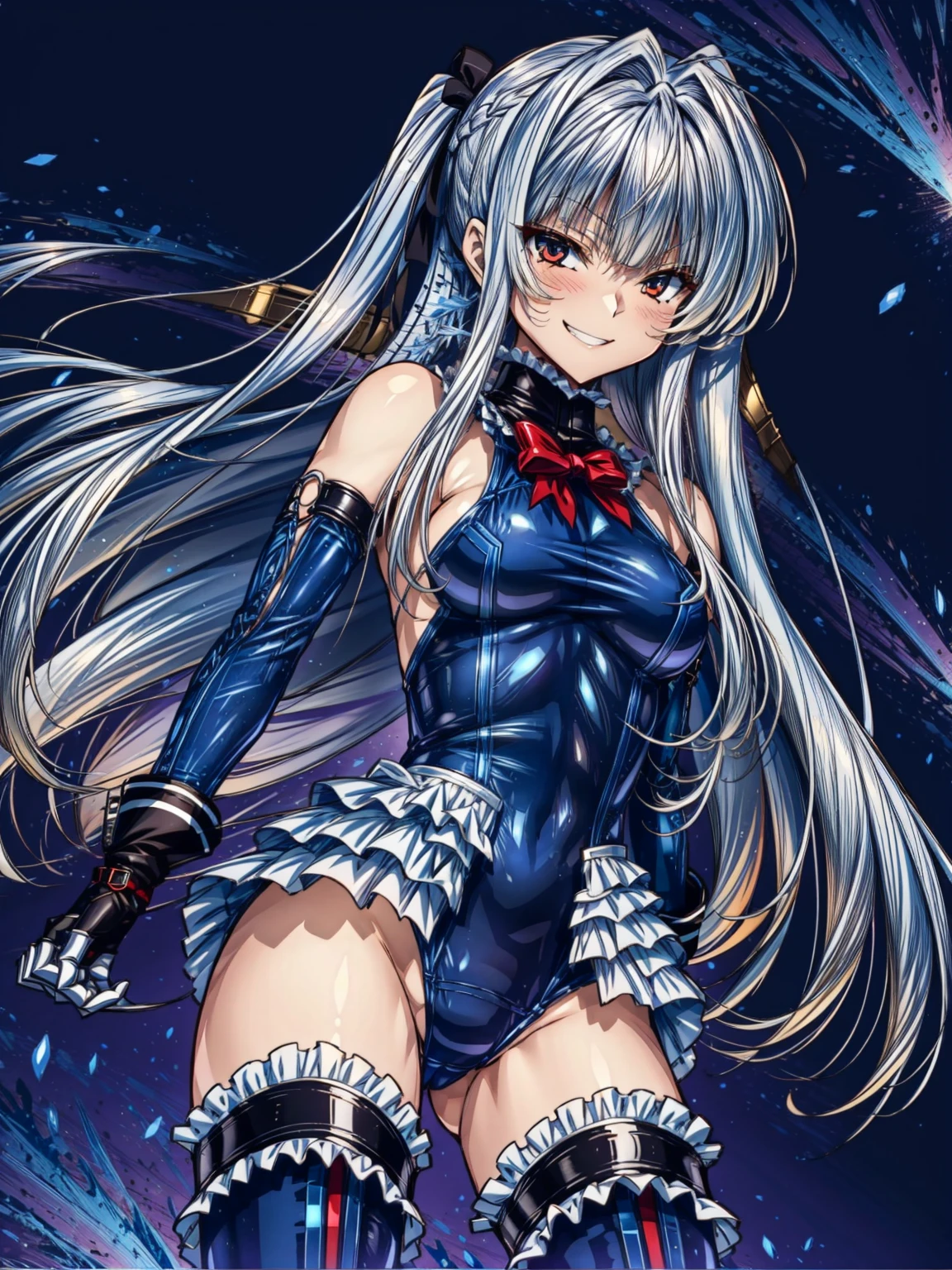 perfect ???????, highest quality, marirose,evil smile,provocative attitude
,(Girl restrained by robotic arm:1.1),evil smile,anime style,(ruffle swimsuit, Thighhighs, removed sleeve), (anime style:1.4) ,
silver hair,(White fingers:1.1,black gloves),very long hair,evil aura,???? Eye