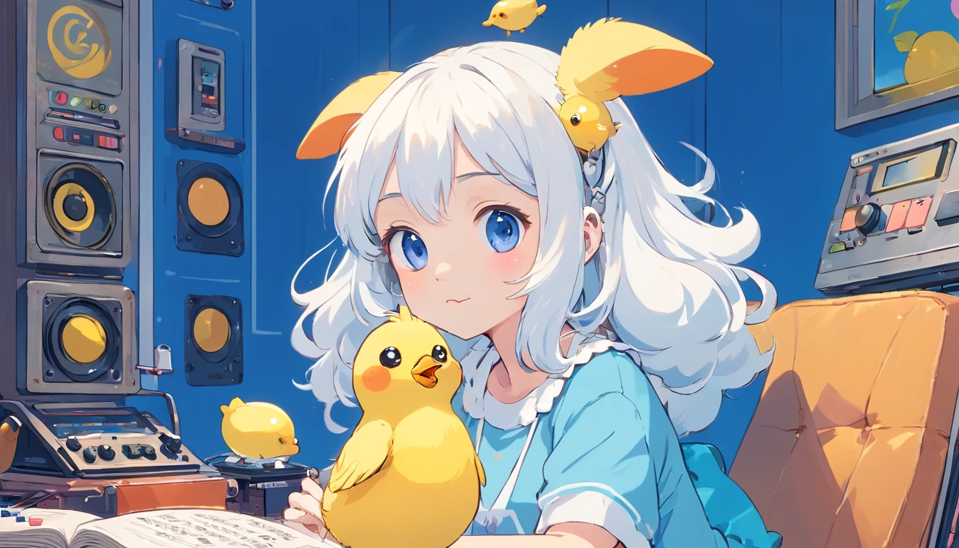 Goldfish、(masterpiece, highest quality), 8K, 4k, 8K, Super detailed, beautiful images, clear image, perfect face, perfect lines, perfect eyes, soft lighting, (((Girl's UP)))、(((The girl's face is well visible)))、Make lots of round chicks、((12 years old))、(((cassette tape、radio cassette player、record)))、cute beautiful girl、((Listening to music with headphones on))、machine、Note、computer、light bulb、window、Chair、curtain、retro、(((80s))) Neon color、pastel colour、((Blue and white room))、Polka dot pattern、lemon、80'sパターン、Round Pattern、Square Pattern、Cartoon screentones、A dot pattern is applied from above、cooking、Chick Chick、Cotton candy、candy、(((Get into a rhythm))), (((lofi-art))), Cute white fur ball creature、(((The structure and balance of the face of the human body, objects, and living things are well-balanced without any discomfort.))), (((the fingers of the hand5Book))), (((beautiful and well-shaped body)))、(((Cute and beautiful face)))、Ramune Ramune Ramune、summer