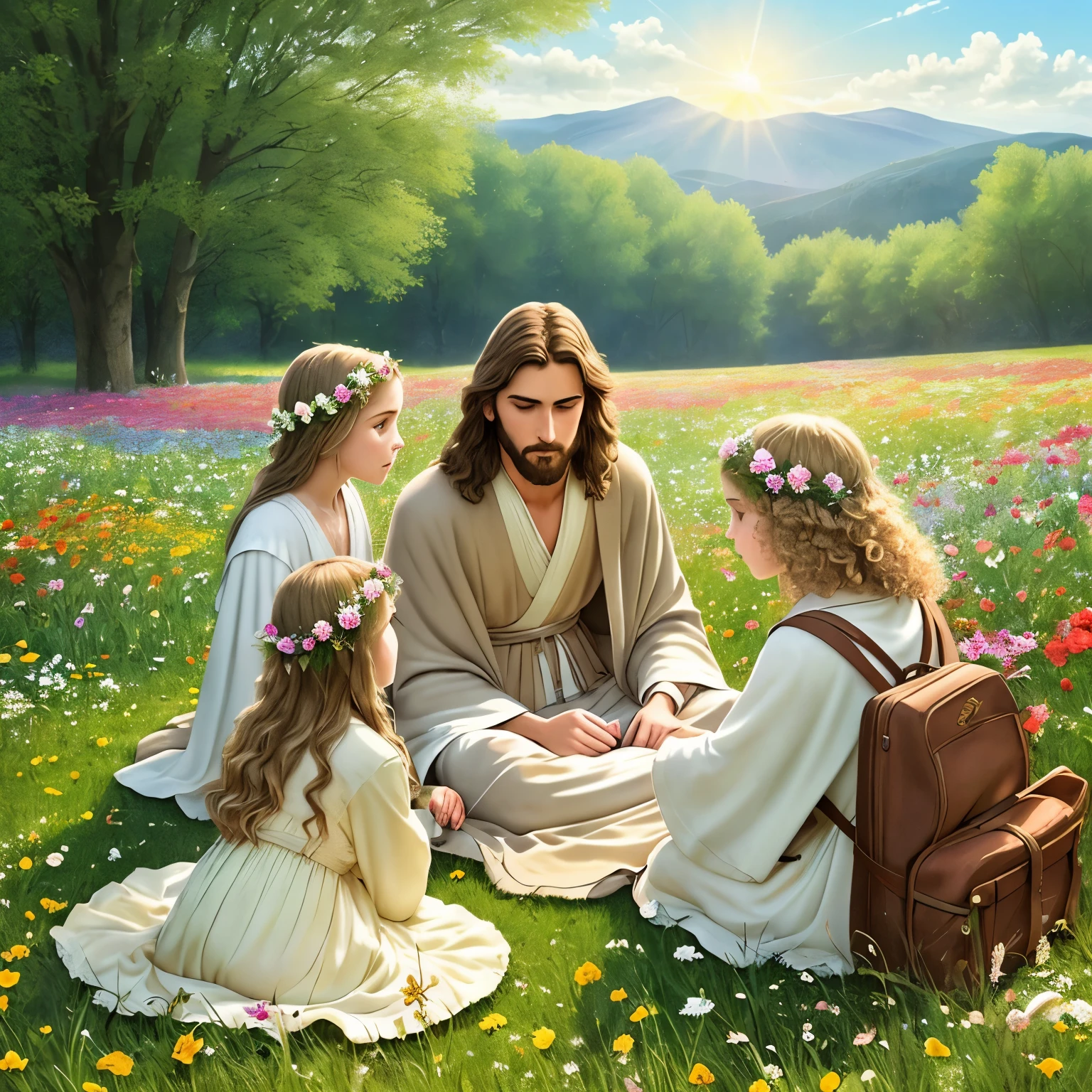 Jesus, with his gentle and compassionate expression, sat amongst the vibrant flowers of a picturesque meadow, his robe flowing softly in the gentle breeze. The sun cast a warm, golden light over the scene, highlighting the intricate details of his face, as he spoke to two enraptured children, a curious boy and a wide-eyed girl. The boy listened intently, his eyebrows furrowed in thought, while the girl gazed up at him with wide, innocent eyes, her blond curls framing her beautiful, cherubic face. The scent of fresh flowers filled the air, as the three figures seemed to exist in a world of their own, with the Bible open before them, a test