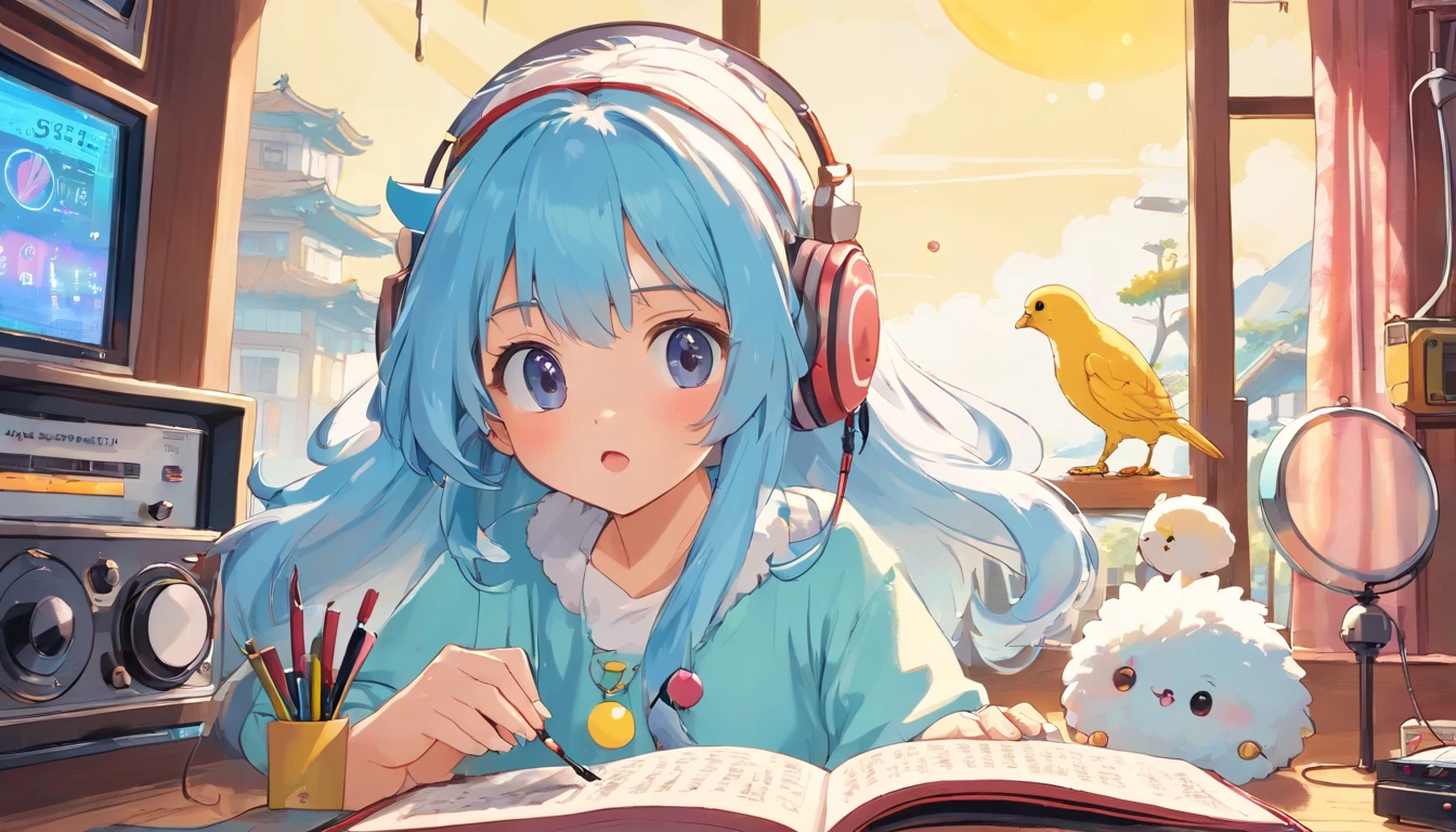 (masterpiece, highest quality), 8K, 4k, 8K, Super detailed, beautiful images, clear image, perfect face, perfect lines, perfect eyes, soft lighting, (((Girl's UP)))、(((The girl's face is well visible)))、Make lots of round chicks、(())、(((cassette tape、radio cassette player、record)))、cute beautiful girl、((Listening to music with headphones on))、machine、Note、computer、light bulb、window、Chair、curtain、retro、(((80s))) Neon color、pastel colour、((Blue and white room))、Polka dot pattern、lemon、80'sパターン、Round Pattern、Square Pattern、Cartoon screentones、A dot pattern is applied from above、cooking、Chick Chick、Cotton candy、candy、(((Get into a rhythm))), (((lofi-art))), Cute white fur ball creature、(((The structure and balance of the face of the human body, objects, and living things are well-balanced without any discomfort.))), (((the fingers of the hand5Book))), (((beautiful and well-shaped body)))、(((Cute and beautiful face)))、Ramune Ramune Ramune、summer