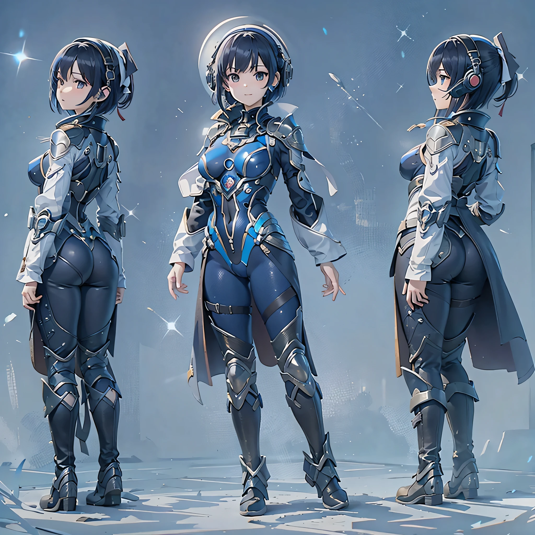 (masterpiece、highest quality、highest resolution、clear_image、detailed details、Angle from above): (full body figure、One 20 year old girl、Japanese faces、small face、Slender、Navy blue super short bob cut hair、(hidden small breasts:1.3)、sparkling blue eyes、Shiny pilot suit in blue and black colors、armor that protects the chest、tight fitting clothes、clothes that cover the whole body、shiny clothes、tight fit pants、hide the skin、very delicate and beautiful、detailed skin、hide thighs、hide your butt、cute type、gentle smile、soft expression、heroine、headset、Knee-high boots、gloves up to the elbow、eye level shot、facing directly、woman on a spaceship)