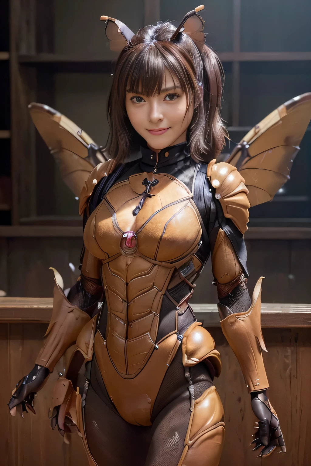 (high resolution,masterpiece,best quality,extremely detailed CG, anime, official art:1.4), realistic, photo, amazing fine details, all intricate, gloss and shiny,awesome many layers, 8k wall paper, 3d, sketch, kawaii, illustration,( solo:1.4), perfect female proportion,villainess, (fusion of dark brown cockroach and lady:1.4), (brown cockroach form lady:1.2), (brown cockroach lady:1.2), (fusion:1.2), (solo:1.4), (evil smile:1.2), muscular, abs, (cockroach brown exoskeleton bio insect suit:1.4), (cockroach brown exoskeleton bio insect armor:1.2), (brown transparency cockroach wing:1.4), (brown cockroach antennae:1.3),