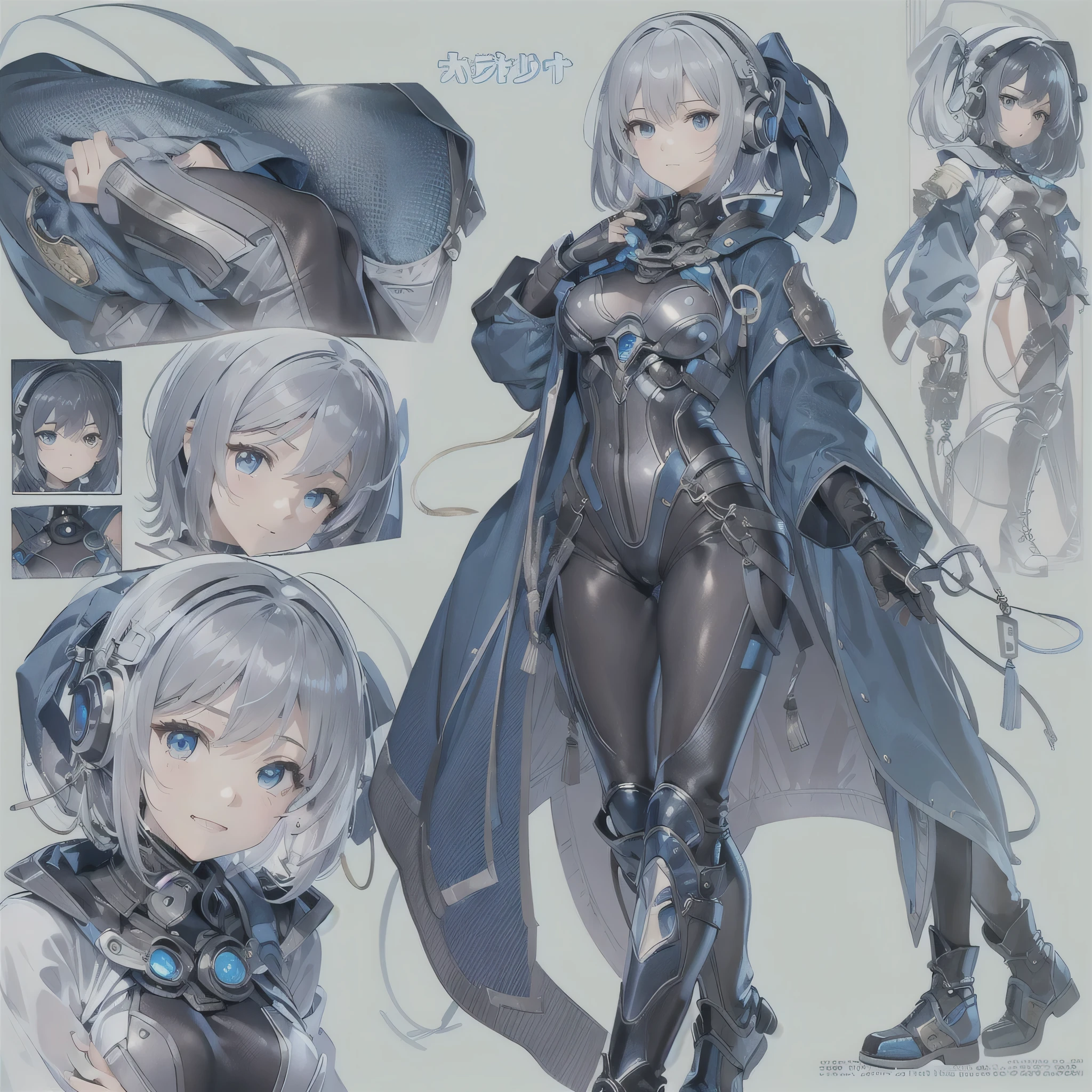 (masterpiece、highest quality、highest resolution、clear_image、detailed details、Angle from above): (full body figure、One 20 year old girl、Japanese faces、small face、Slender、Navy blue super short bob cut hair、(hidden small breasts:1.3)、sparkling blue eyes、Shiny pilot suit in blue and black colors、armor that protects the chest、tight fitting clothes、clothes that cover the whole body、shiny clothes、tight fit pants、hide the skin、very delicate and beautiful、detailed skin、hide thighs、hide your butt、cute type、gentle smile、soft expression、heroine、headset、Knee-high boots、gloves up to the elbow、eye level shot、facing directly、woman on a spaceship)