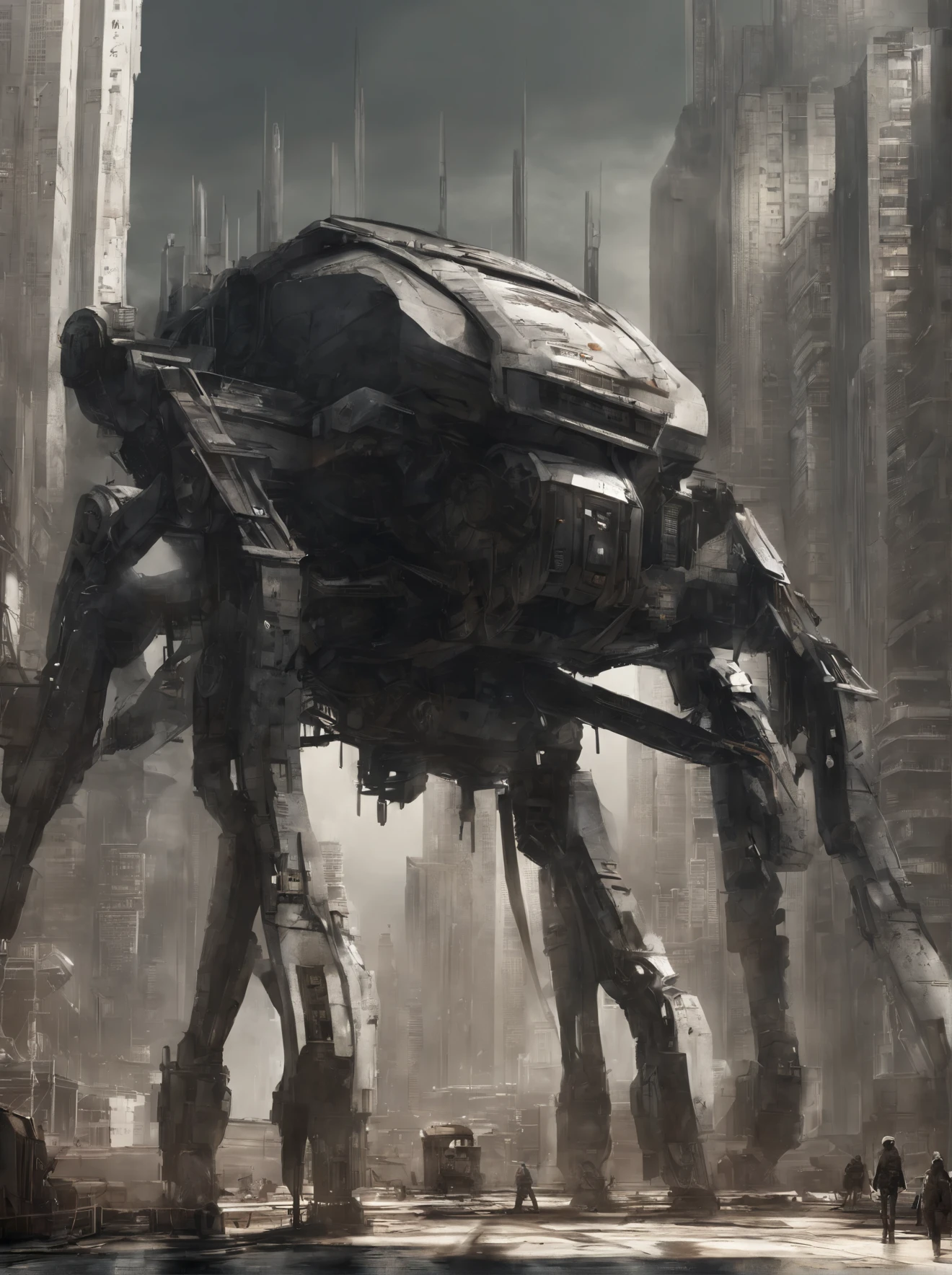 Multi-legged tank、(Very long legs)、((８basic))、Earthwalker、Urban camouflage、Shaped like a tarantula、Appleseed、Shirou Masamune、Crossing Buildings、Total height 50 meters、Fuchikoma, (Organic Design:1.4),  background: Futuristic urban space, dome、A hierarchical city、concrete jungle、(masterpiece), Sci-Fi Art