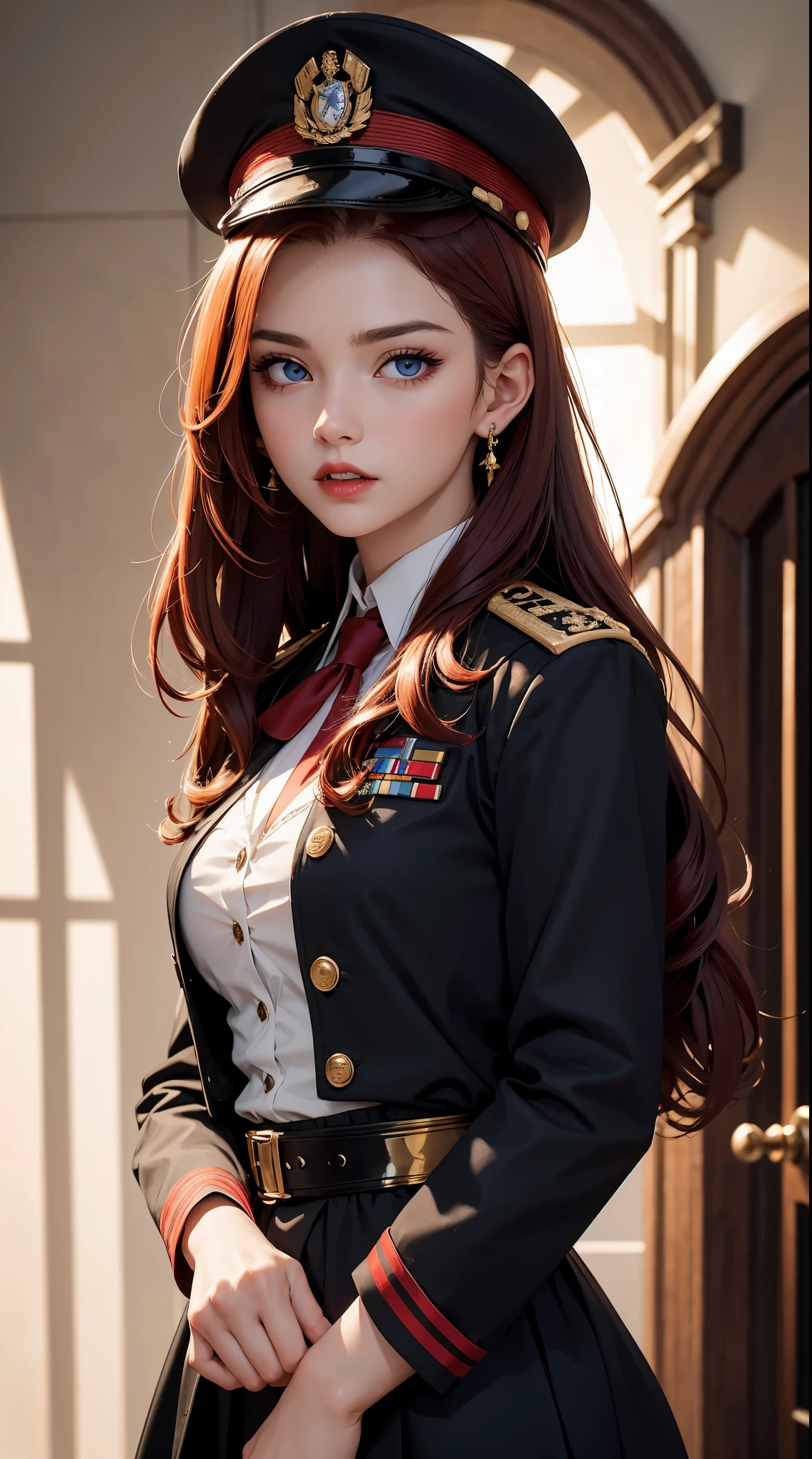 1 beautiful woman, 20 years old, long red hair (tied), pale white skin (very detailed), bright blue eyes (vampire eyes), perfect body, makeup, red lips, earrings, black and red military officer uniform, tie black, black and red military officer cap, detailed light, illustration, depth of field (best quality), (background blur: 0.6), beautiful and soft lighting, (front light: 1.5), (ultra resolution high, best quality), (8k), best quality, masterpiece), technological sense, best quality, masterpiece, illustration, official art, incredibly fine details, extremely delicate and beautiful, extremely detailed, highly detailed, sharp focus, background rich, (real person, photograph), ((very detailed skin)),