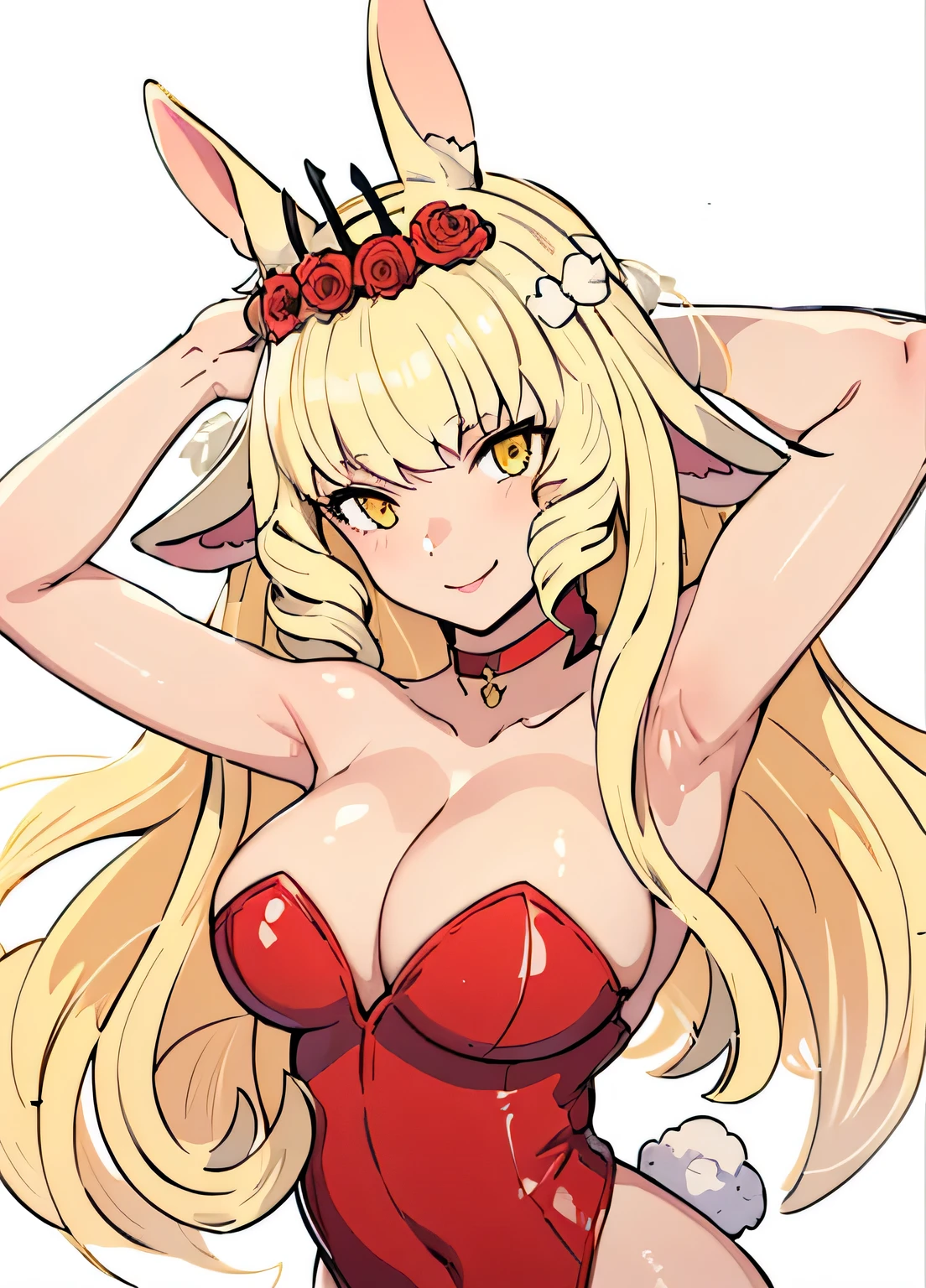 1girl, blonde, breasts, yellow eyes, solo, animal ears, curly hair, rabbit ears, long hair, rose accessories, large breasts, arms up, armpits, cleavage, smile, bunny suit, white background