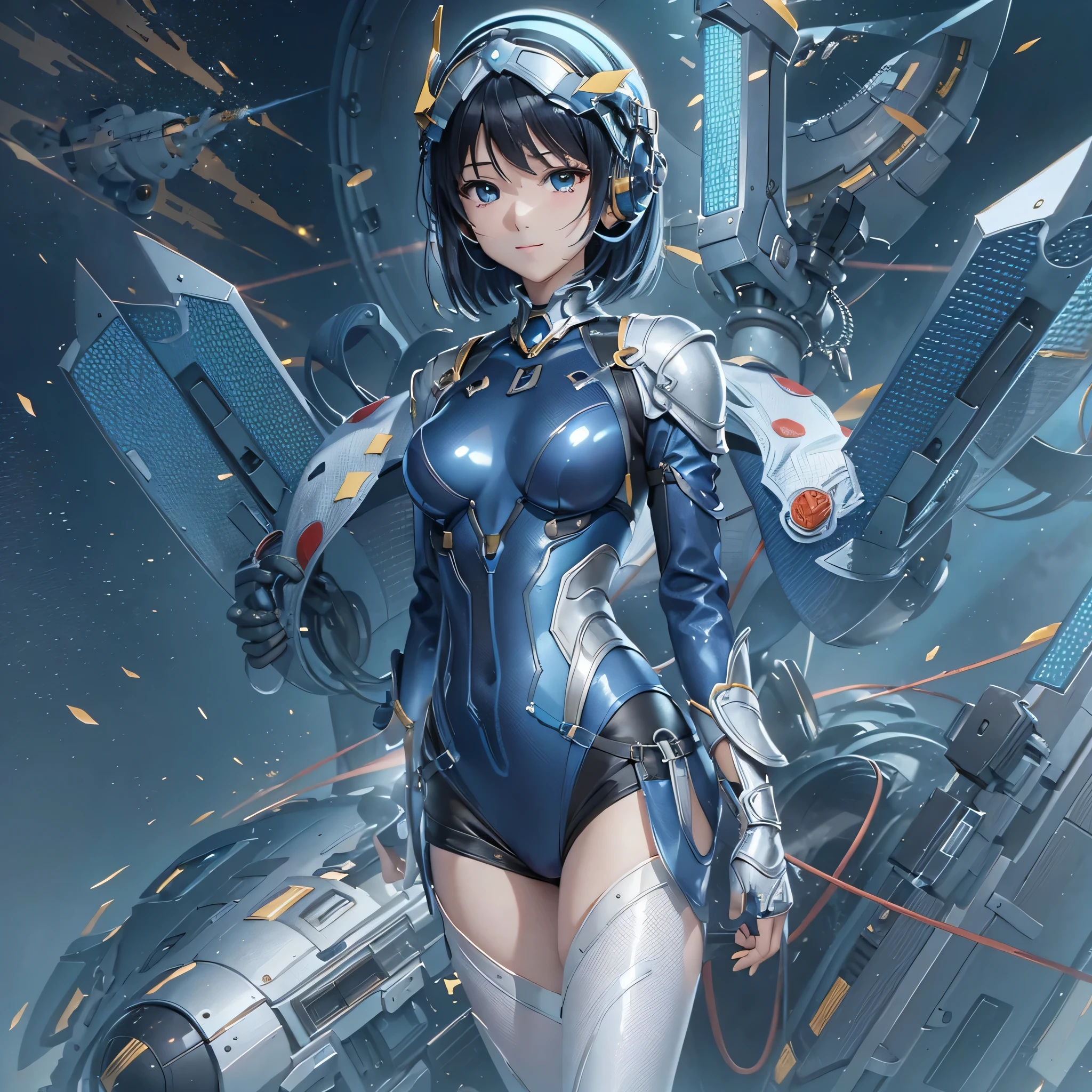 (masterpiece、highest quality、highest resolution、clear_image、detailed details、Angle from above): (full body figure、One 20 year old girl、Japanese faces、small face、Slender、Navy blue super short bob cut hair、(hidden small breasts:1.3)、sparkling blue eyes、Shiny pilot suit in blue and black colors、armor that protects the chest、tight fitting clothes、clothes that cover the whole body、shiny clothes、tight fit pants、hide the skin、very delicate and beautiful、detailed skin、hide thighs、hide your butt、cute type、gentle smile、soft expression、heroine、headset、Knee-high boots、gloves up to the elbow、eye level shot、facing directly、woman on a spaceship)