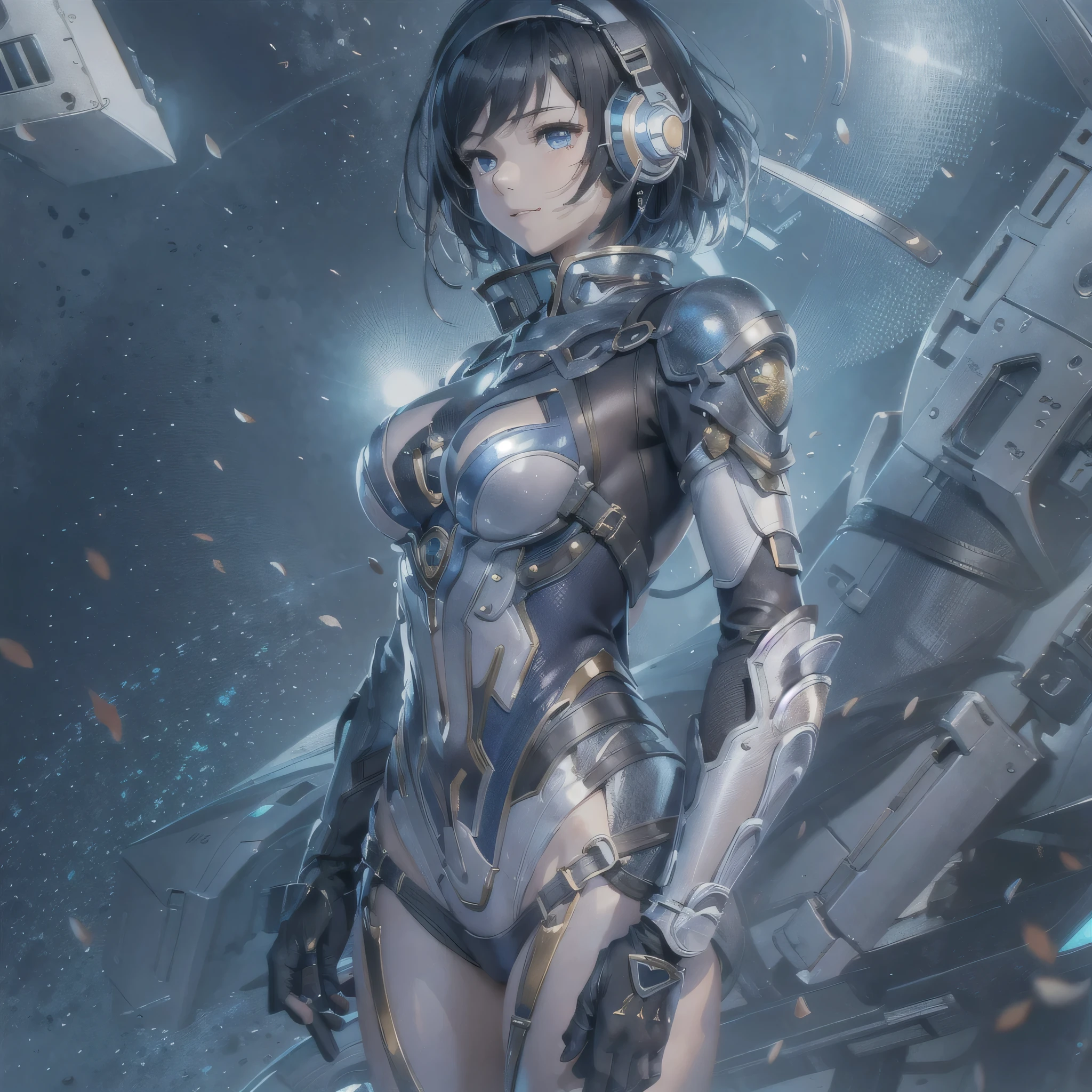 (masterpiece、highest quality、highest resolution、clear_image、detailed details、Angle from above): (full body figure、One 20 year old girl、Japanese faces、small face、Slender、Navy blue super short bob cut hair、(hidden small breasts:1.3)、sparkling blue eyes、Shiny pilot suit in blue and black colors、armor that protects the chest、tight fitting clothes、clothes that cover the whole body、shiny clothes、tight fit pants、hide the skin、very delicate and beautiful、detailed skin、hide thighs、hide your butt、cute type、gentle smile、soft expression、heroine、headset、Knee-high boots、gloves up to the elbow、eye level shot、facing directly、woman on a spaceship)