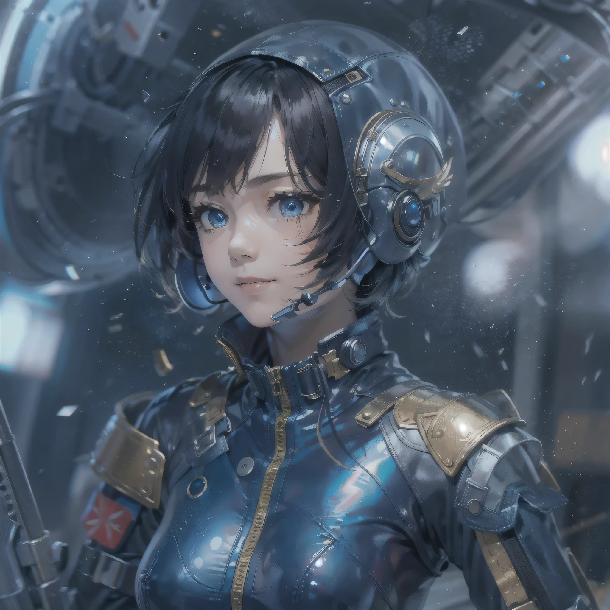 (masterpiece、highest quality、highest resolution、clear_image、detailed details、Angle from above): (full body figure、One 20 year old girl、Japanese faces、small face、Slender、Navy blue super short bob cut hair、(hidden small breasts:1.3)、sparkling blue eyes、Shiny pilot suit in blue and black colors、armor that protects the chest、tight fitting clothes、clothes that cover the whole body、shiny clothes、tight fit pants、hide the skin、very delicate and beautiful、detailed skin、hide thighs、hide your butt、cute type、gentle smile、soft expression、heroine、headset、Knee-high boots、gloves up to the elbow、eye level shot、facing directly、woman on a spaceship)