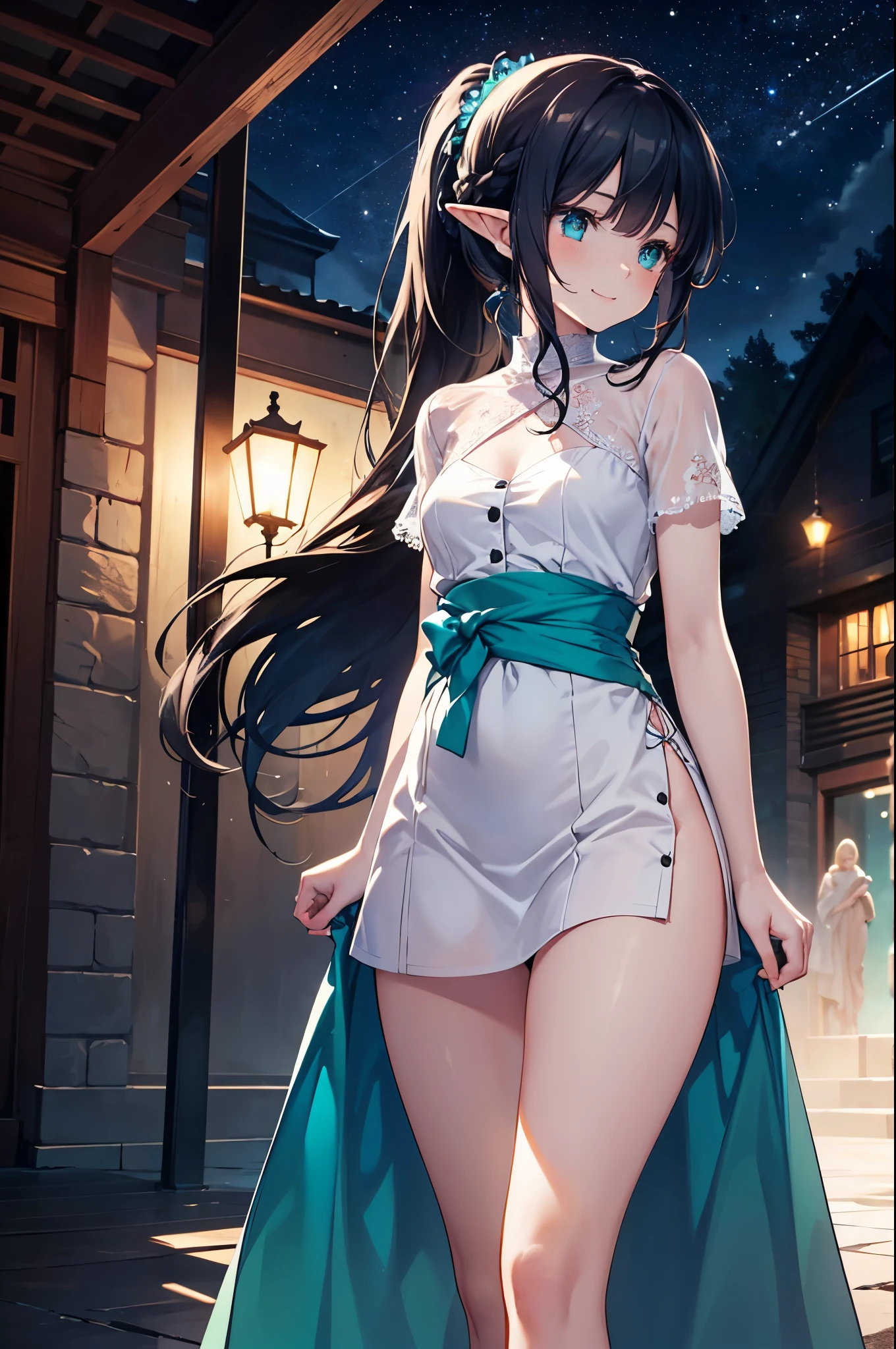 Realistic image, coherent image, detailed image, from 1 elf. Wear a short white dress, short skirt. She has black hair, long hair. Turquoise eyes, and long eyelashes. She has a curvy body, medium breasts, thick thighs. She is at night with a starry sky. She is walking through a festival, smiling happily. View from behind. Dramatic shadows, atmospheric lighting, natural lighting. ISO:100, F1.4,