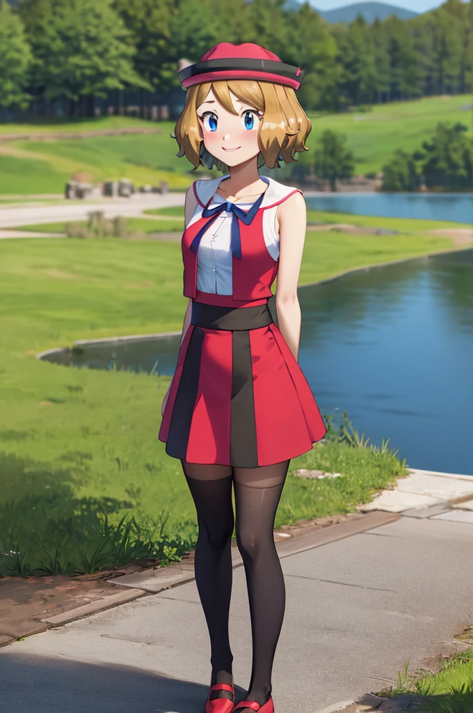 masterpiece, best quality, highres, serena \(pokemon\), short hair, blue eyes, 1girl, solo, blue ribbon, eyelashes, black thighs, neck ribbon, sleeveless, bangs, collarbone, bare arms, pink dress, red coat, pink hat, outdoor, standing by a lake, blushing, smile, long stockings, black stockings, mid-thigh stockings, medium-sized female breasts,  Neckline, detailed background, background of great details.