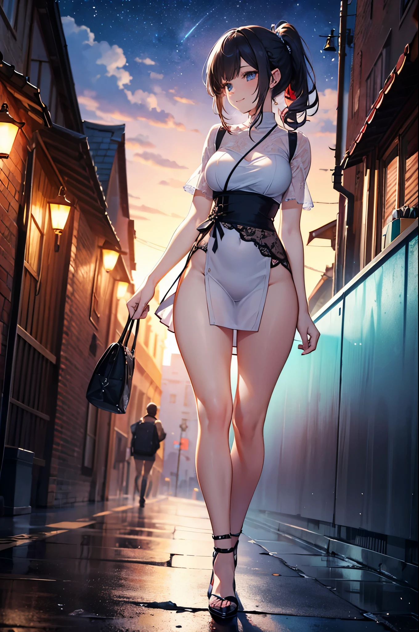 A woman in white suspender stockings standing in the middle of the street, young sexy gravure idol, young and beautiful gravure idol, realistic young gravure idol, realistic sexy gravure idol, young gravure idol, delicate gravure idol, holding fairy sword, cyber repair immortal, 4k picture quality, revealing clothes, fair skin, fair complexion and tender skin --auto --s2