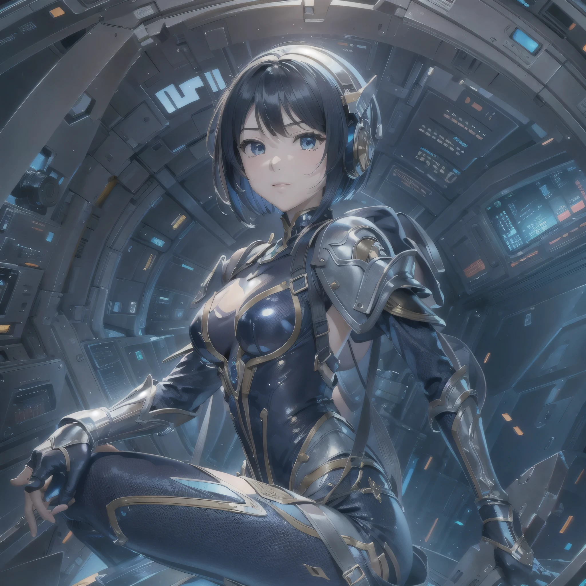 (masterpiece、highest quality、highest resolution、clear_image、detailed details、Angle from above): (full body figure、One 20 year old girl、Japanese faces、small face、Slender、Navy blue super short bob cut hair、(hidden small breasts:1.3)、sparkling blue eyes、Shiny pilot suit in blue and black colors、armor that protects the chest、tight fitting clothes、clothes that cover the whole body、shiny clothes、tight fit pants、hide the skin、very delicate and beautiful、detailed skin、hide thighs、hide your butt、cute type、gentle smile、soft expression、heroine、headset、Knee-high boots、gloves up to the elbow、eye level shot、facing directly、woman on a spaceship)