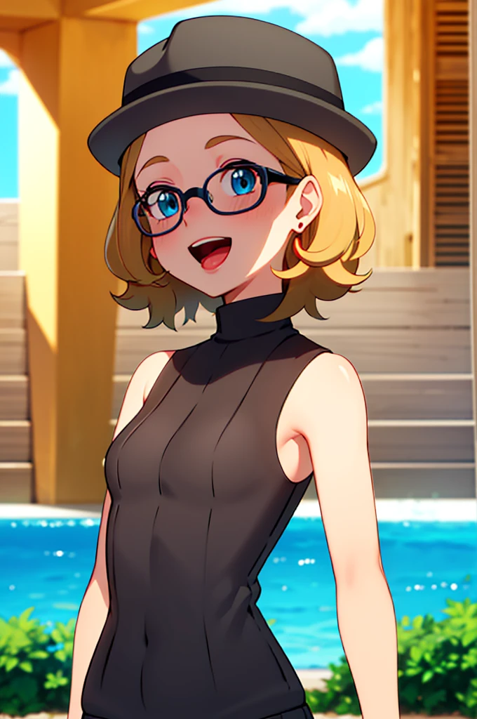 masterpiece, best quality, highres, 1girl, solo, blush, smile, short hair, open mouth, bangs, blue eyes, blonde hair, hat, jewelry, upper body, :d, earrings, outdoors, sky, sleeveless, day, tongue, shiny, cloud, hand up, water, blurry, vest, bare arms, eyelashes, turtleneck, border, happy, grass, sweater vest, sleeveless turtleneck, grey headwear, glasses
