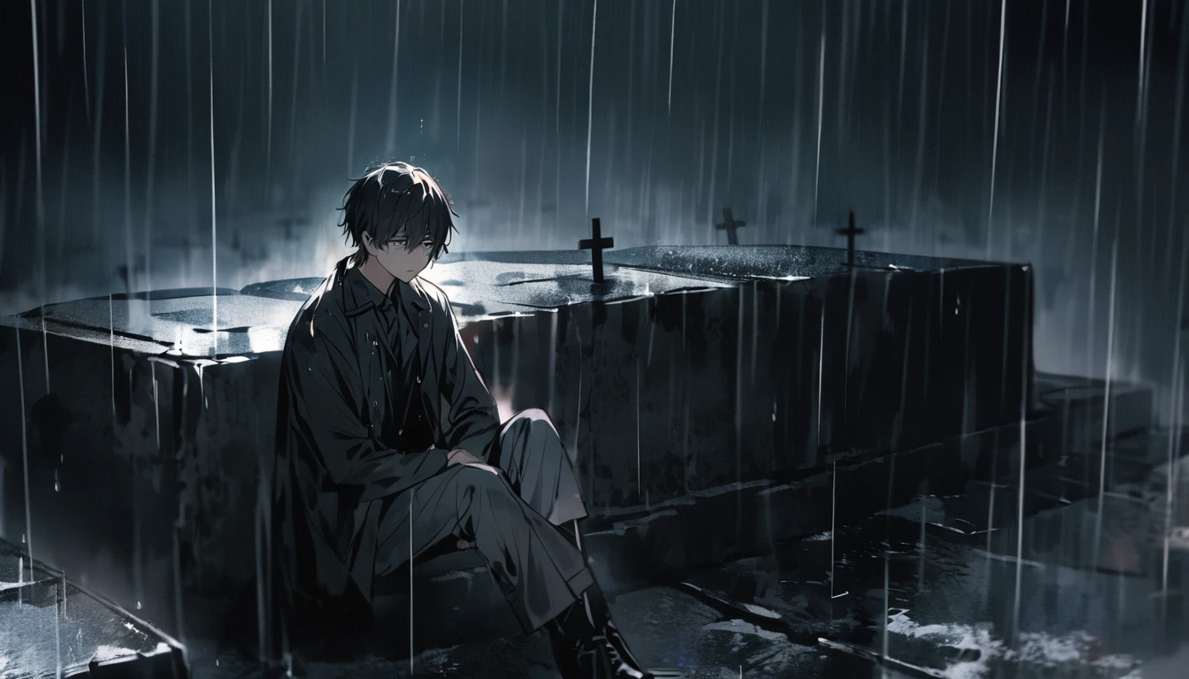 Boy sitting propped up on a cemetery tomb, black crosses in the middle of intense rain, with a cigarette Empty and sad eyes