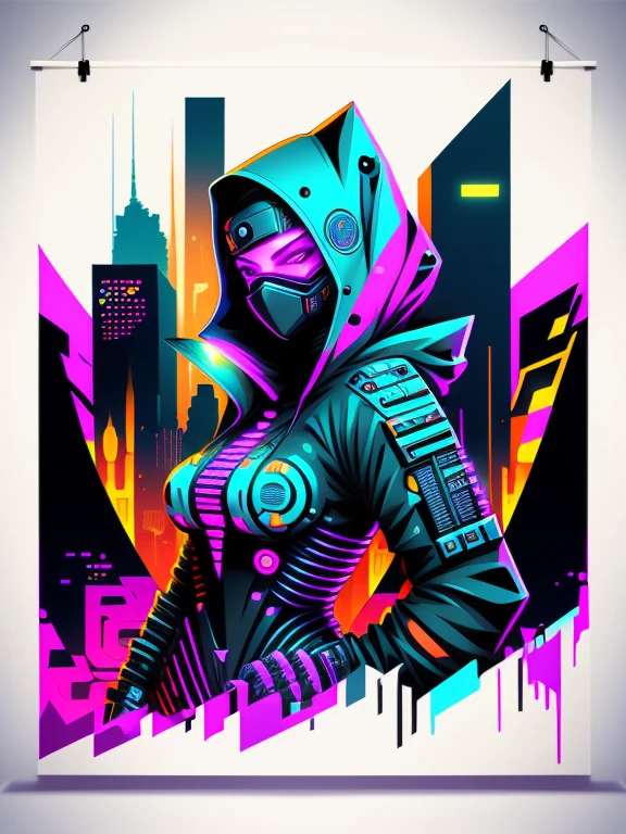 Cyberpunk 3D Ninja Robotic Woman, Colorful Graffiti Illustration, with Bitcoin and Hacker Decoration Futuristic Cyberpunk City Background with Crypto Collage, Realistic Image Style, Centered, Image on White Background (Poster Banner Art)