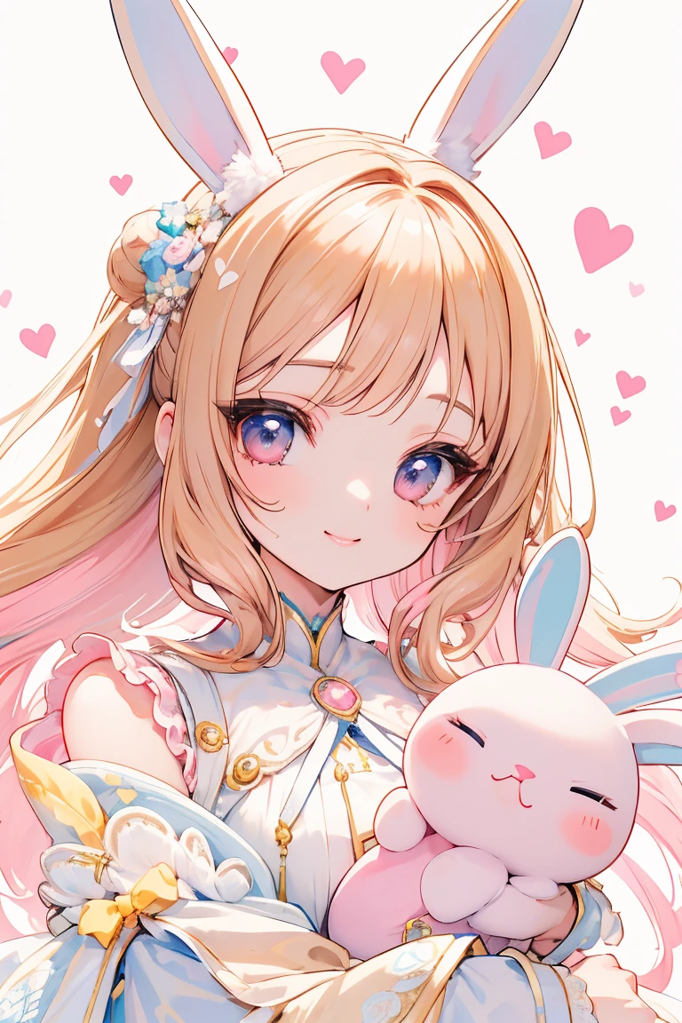 cute face、masterpiece、highest quality、Super detailed beautiful face and eyes、round eyes、long eyelashes、Forehead、chestnut hair、ribbon in hair、clear color、Brilliant、lace dress、Bunny ears、smile、Lots of pastel colored hearts in the background、fancy