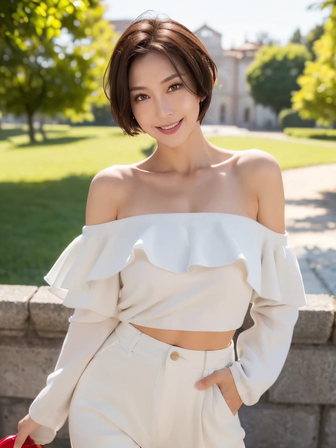 (38 years old), (Blue off-shoulder wool jacket),(white wool pants)、(white ruffle blouse), double eyelid, eyelash, Red lip gloss, (smile:1), ((close your eyes:0.85)), (looking at the viewer、Are standing), (From above:0.2)、尖ったred mouth、(reddish brown wet shiny short hair),red mouth,clavicle、 (Photoreal:1.3),(Raw photo),(woman standing in front of an old castle, Beautiful lawn, Squirting, Bright sunlight in the city of Modena, Italy) , 8K, Super detailed, highest quality, rough skin, anatomically correct, masterpiece , highest quality, cinematic lighting, Use perspective throughout , surrealism , ,(realistic:1. 3),(Raw photo) , black hair, light smile, short hair, bob cut, anaglyph, stereogram, (mature woman:1), (38 years old), ((close:0.5)), glare, double eyelids, lip gloss, (smile:1), ((close your eyes:0.85)), red mouth, clavicle, ((looking at the viewer)), (short hair of reddish-brown color wet and shiny,), (I can see the whole body) , Slightly thick body type , I opened my eyes wide. , perfectly round eyes , fine texture