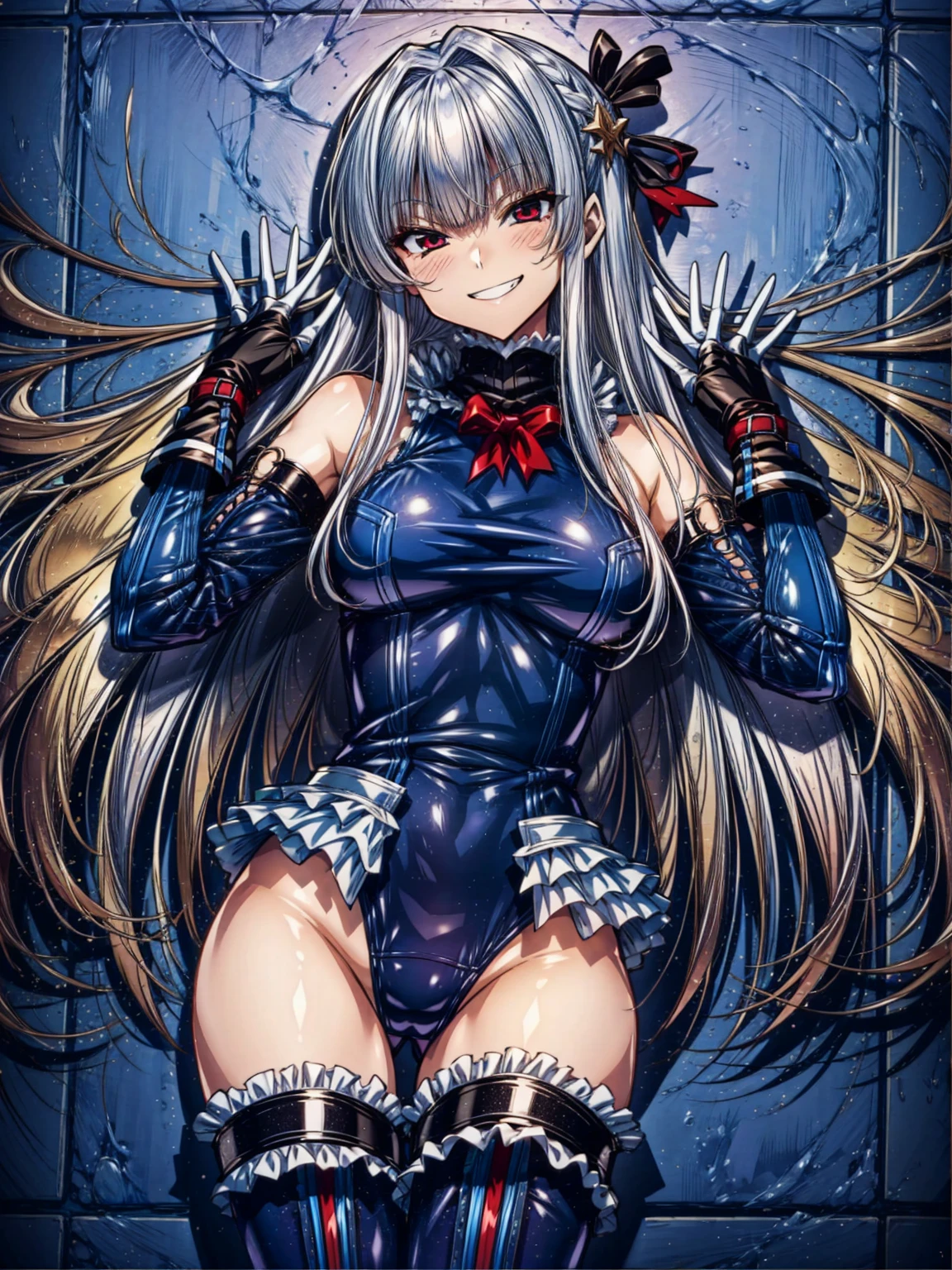 perfect anatomy, highest quality, marirose,evil smile,provocative attitude
,(Girls imprisoned in prison:1.1),evil smile,anime style,(ruffle swimsuit, Thighhighs, removed sleeve), (anime style:1.4) ,
silver hair,(White fingers:1.1,black gloves),very long hair,evil aura,Rape Eye