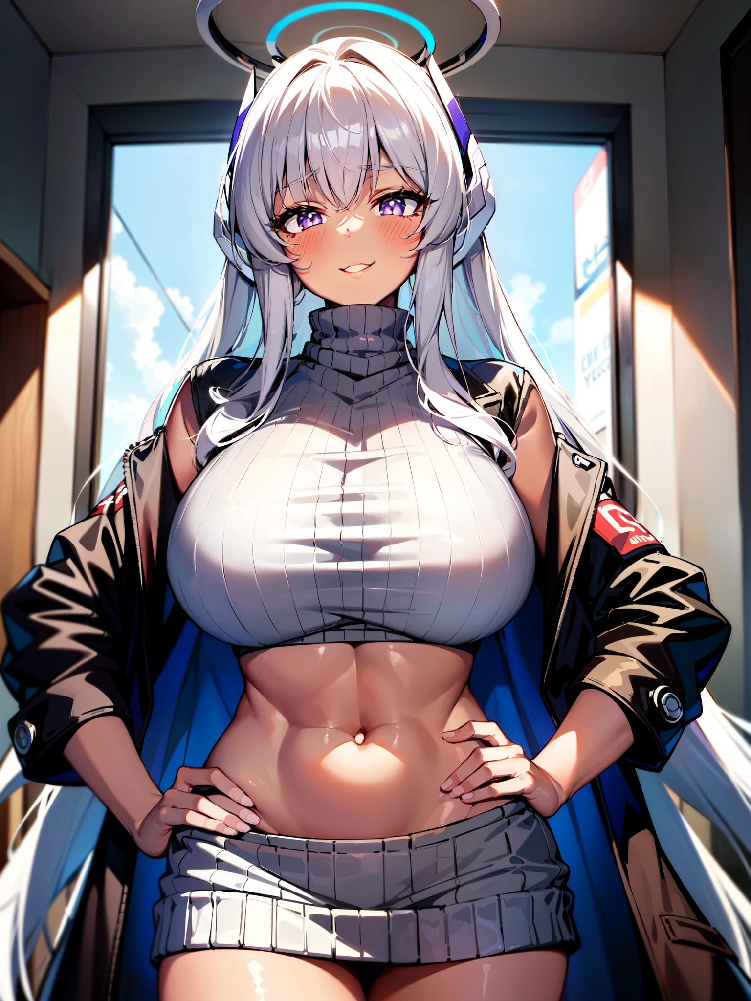 masterpiece, best quality, extremely detailed, 1girl, gyaru, solo, (dark skin, brown skin:2), n0asd, (huge :1.6), ((((white hair), absurdly long hair, purple eyes, slit pupils, mechanical halo))), parted lips, (((wearing coat, turtleneck sweater, sweater dress, pantyho, ((blush, naughty smile, sadictic), closed mouth), ((hands on own hips, cafe))