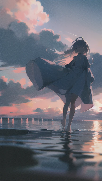 highest quality, masterpiece, 1 girl, beach,  (gray hair:1.2), long hair, Ocean, dress, Day, null, horizon, outdoor, sand, blue null, barefoot, cloud, sun, Are standing, smile, water, white dress, alone, closed my eyes, floating hair, sun, full body, Are standing on liquid, long sleeve, barefoot, background, Light and shadow, lit, sunset, athmospheric lit, null,cherry blossoms,青null