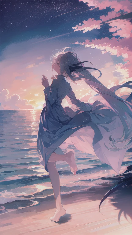 highest quality, masterpiece, 1 girl, beach,  (gray hair:1.2), long hair, Ocean, dress, Day, null, horizon, outdoor, sand, blue null, barefoot, cloud, sun, Are standing, smile, water, white dress, alone, closed my eyes, floating hair, sun, full body, Are standing on liquid, long sleeve, barefoot, background, Light and shadow, lit, sunset, athmospheric lit, null,cherry blossoms,青null