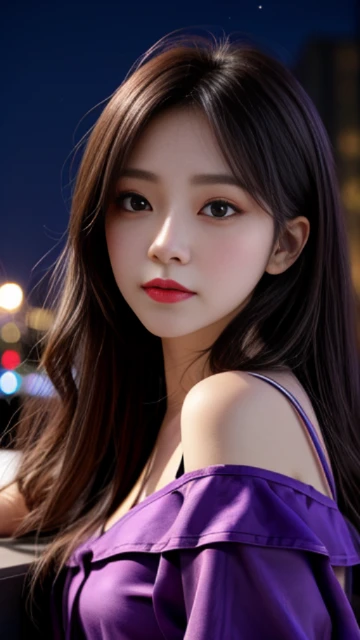 (8k, masterpiece, best quality), ultra-detailed, detailed beautiful round eyes, beautifully detailed face, high quality, high resolution, 1 girl, medium breast, (purple cloth:1.5), (bare waist:1.2), nighttime, night park background,