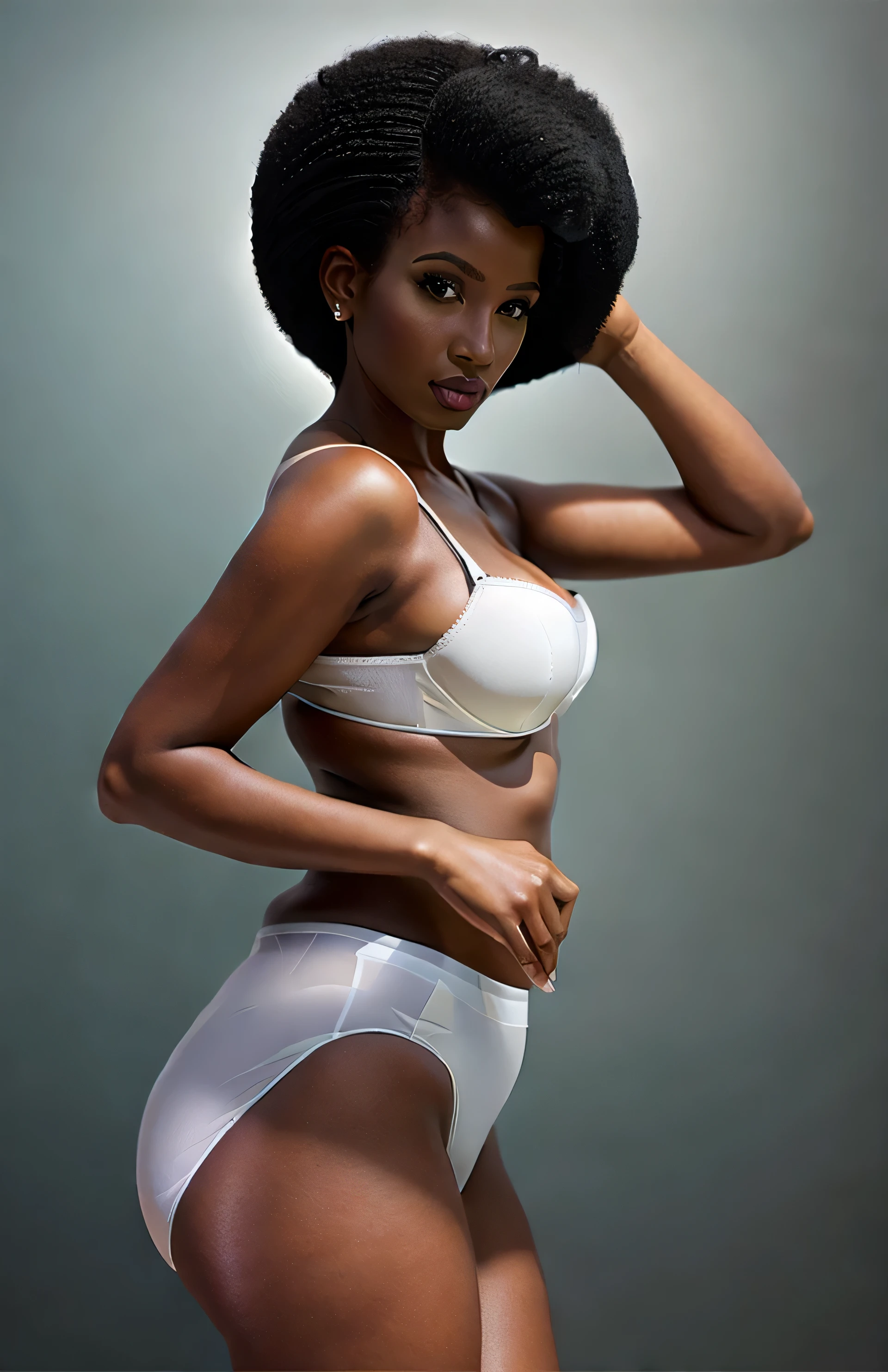 ((((masterpiece, best quality)))), ((33 year old)), (((Curvy))), ((Black woman with black afro)), in ((white bra)), ((white high cut fullback panties)), ((Large Hips)), ((Standing in front of a white background)), (((photo realistic)))