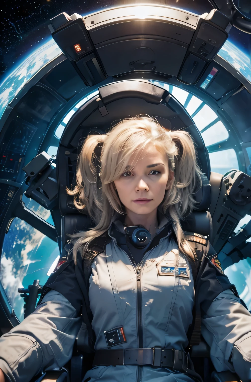 A predator in the cockpit of a starship looks through the screen at the Earth.